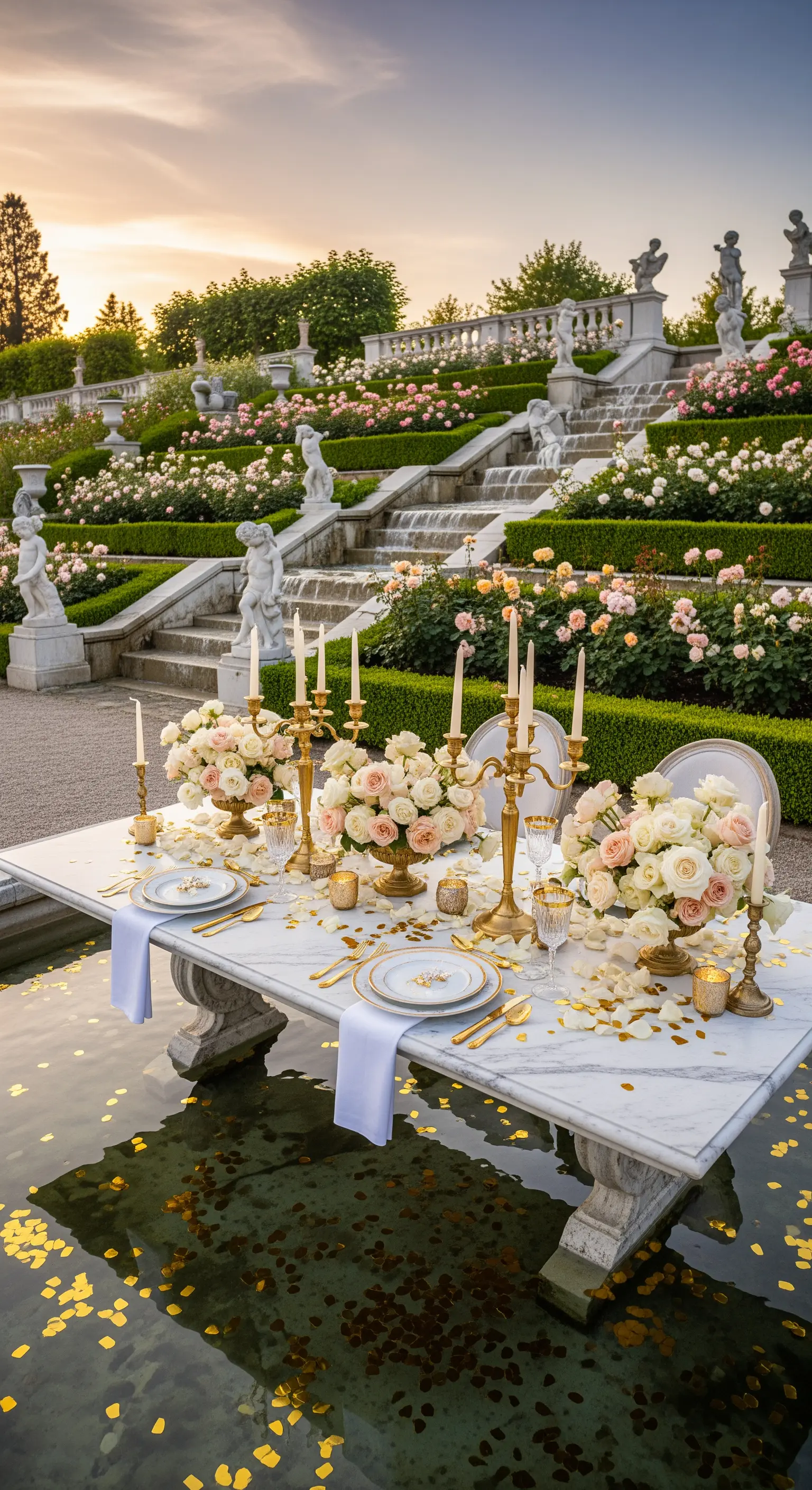 Marmortisch im Wasser mit Rosen, goldenen Kerzenleuchtern und Blütenblättern in Gartentreppe.