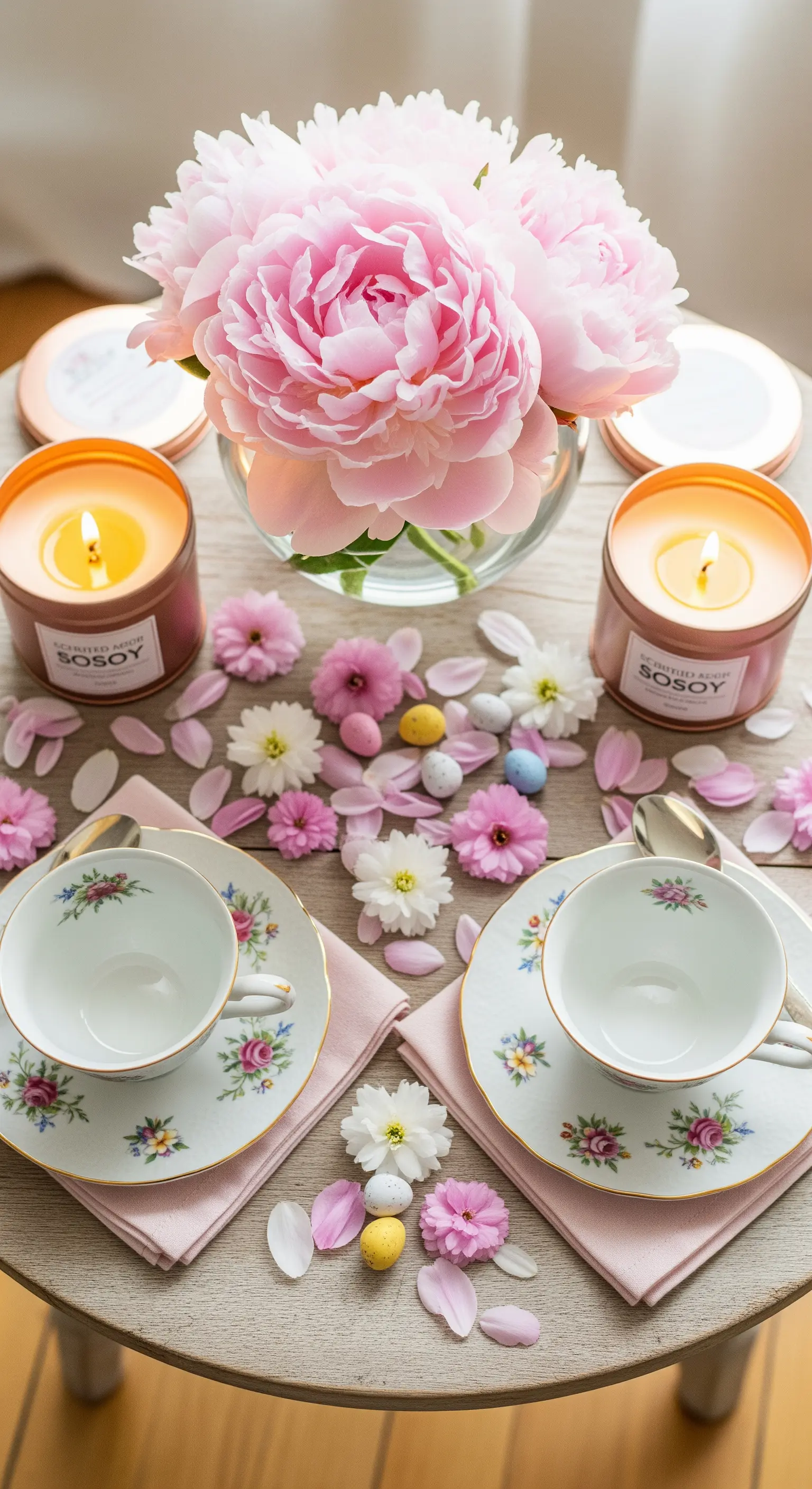 Romantische Oster-Teedeko: Rosa Pfingstrosen, Duftkerzen und Vintage-Geschirr