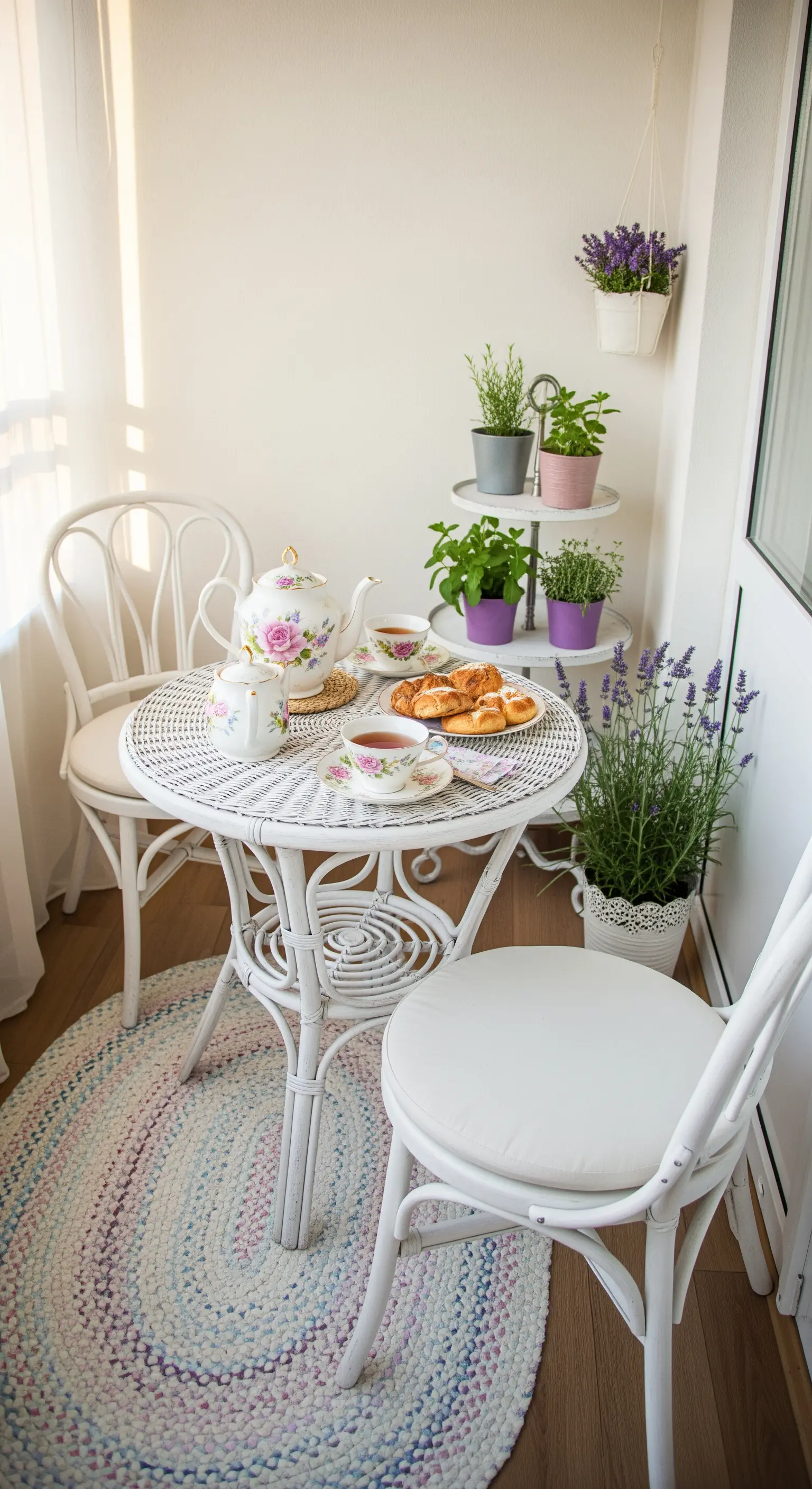 Heller, romantischer Balkon mit weißen Korbmöbeln und einem Teeservice mit Rosenmuster.