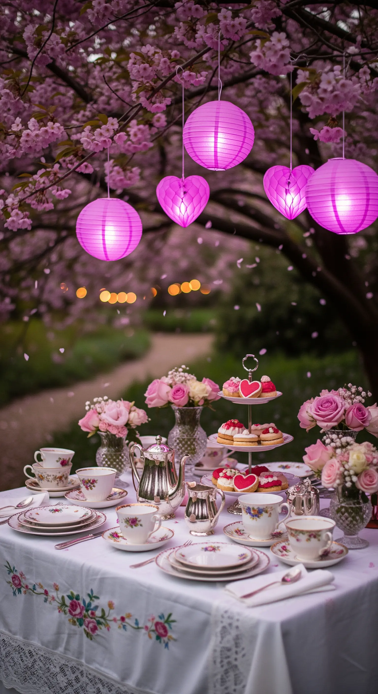 Teetisch unter blühendem Kirschbaum mit pinken Laternen und Herzdeko.