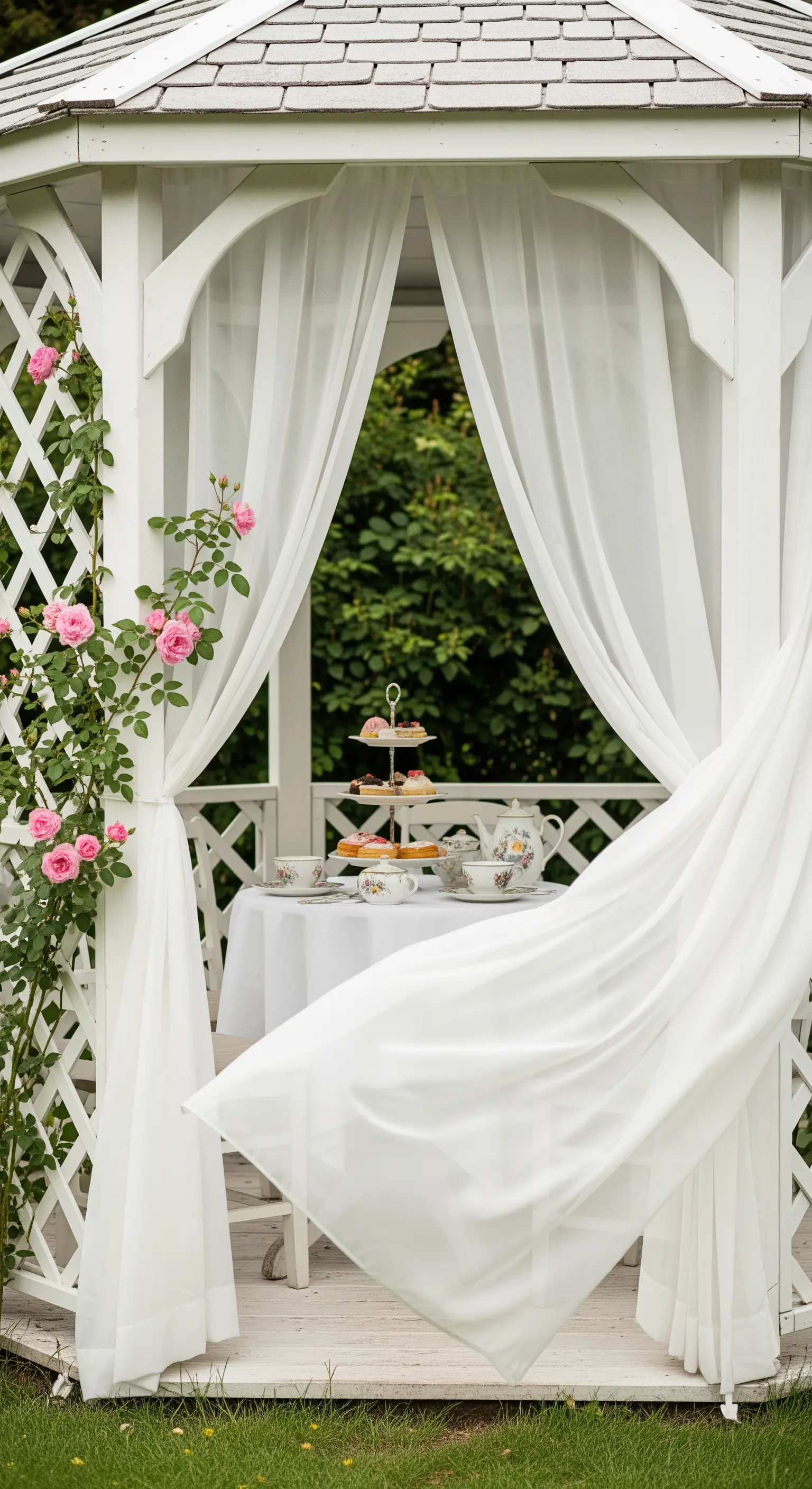 Weißer Gartenpavillon mit wehenden Vorhängen, gedecktem Teetisch und Kletterrosen.