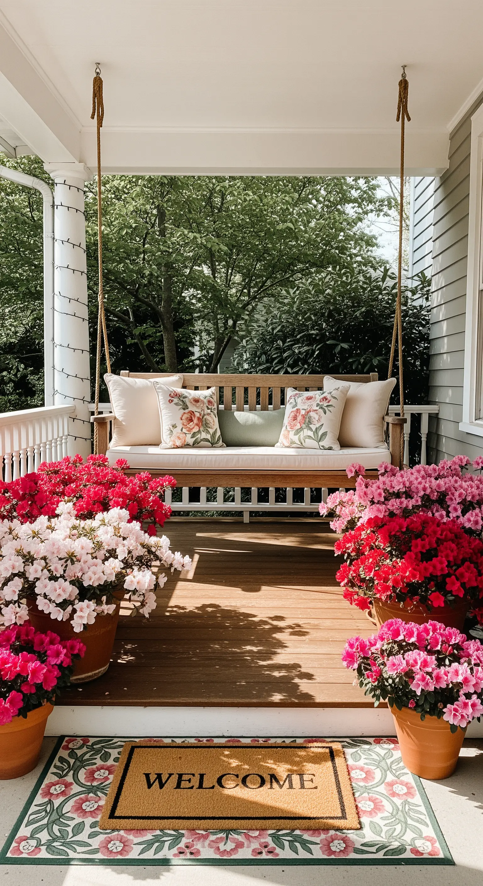Veranda Schaukelbank, Blumenkissen, Azaleen, Terracotta Töpfe, Willkommensmatte