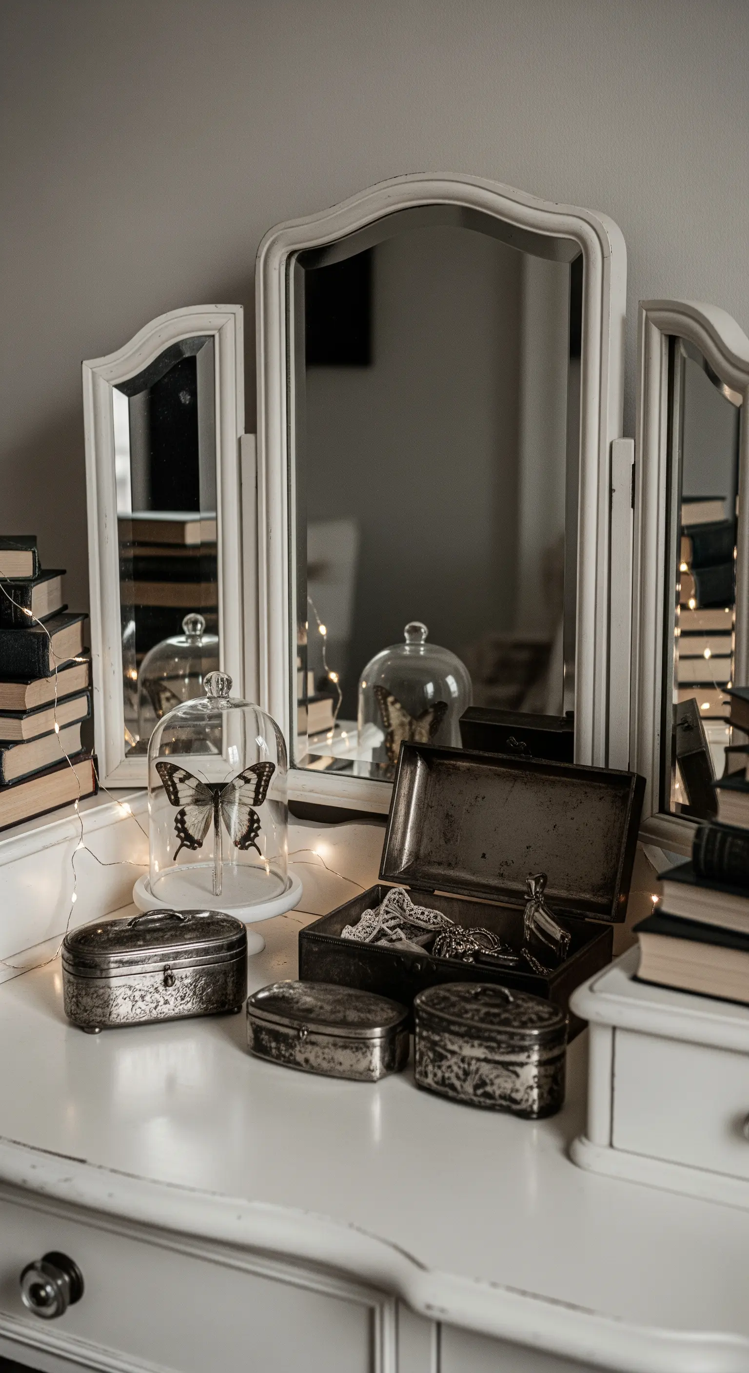 Schminktisch, Spiegel, Vintage-Boxen, Schmetterling, Lichterkette, Bücher.