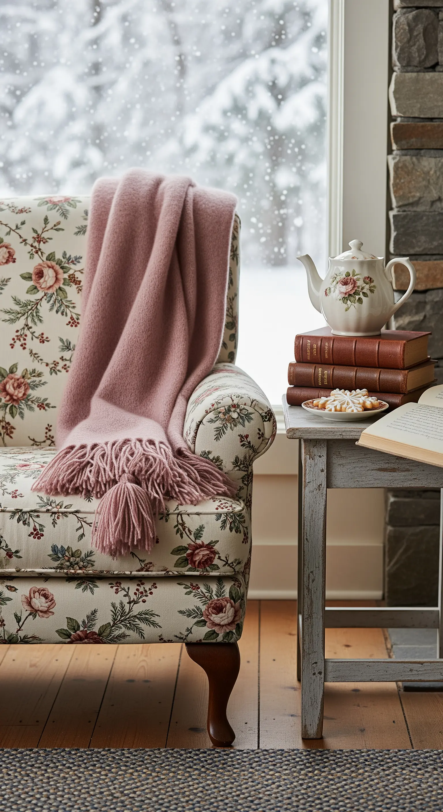 Geblümter Ohrensessel mit rosa Decke, Beistelltisch mit Teekanne, Büchern und Gebäck.