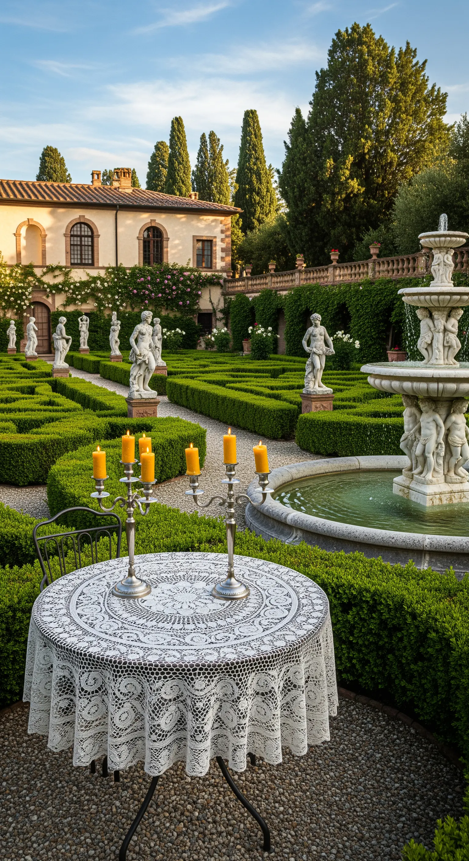Runder Tisch mit Spitzentuch, silbernem Kerzenleuchter und goldenen Kerzen im Garten.