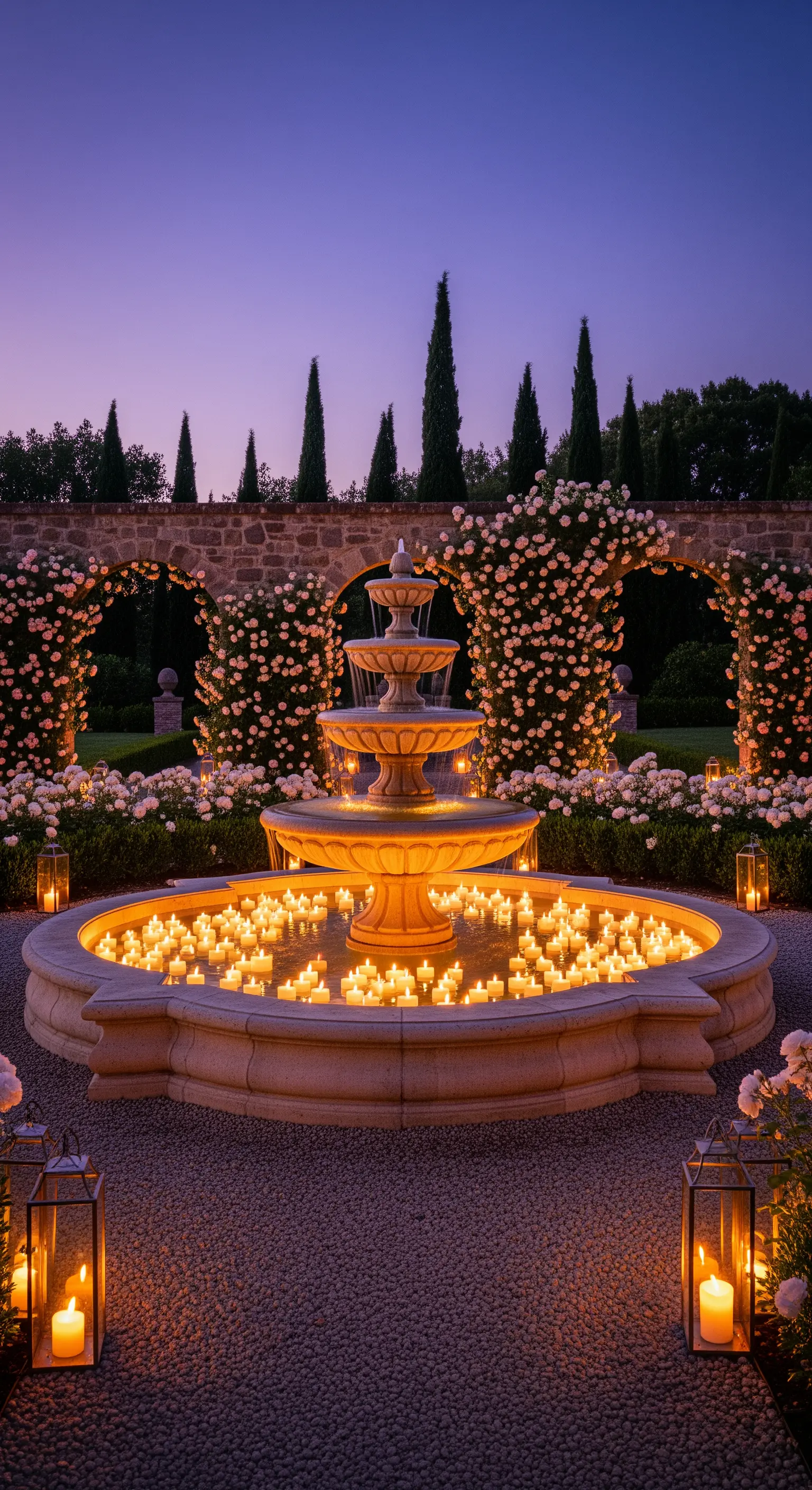 Schwimmende Kerzen im Brunnen, umgeben von Rosenbögen und Laternen