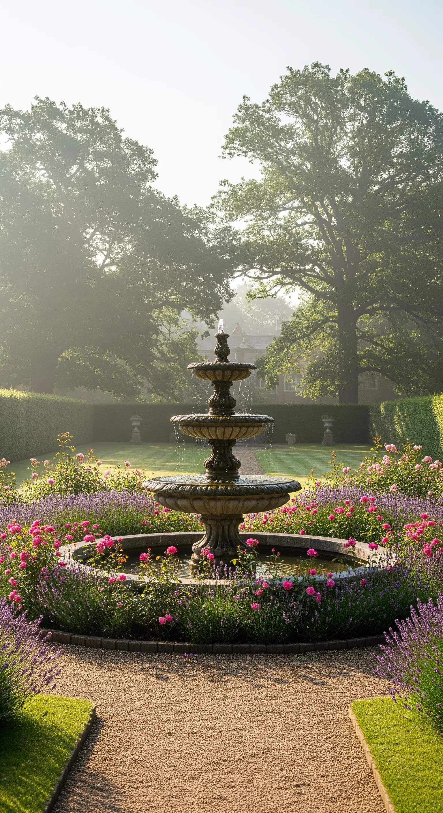 Mehrstufiger Steinbrunnen, umrahmt von Lavendel und Rosen, im englischen Garten