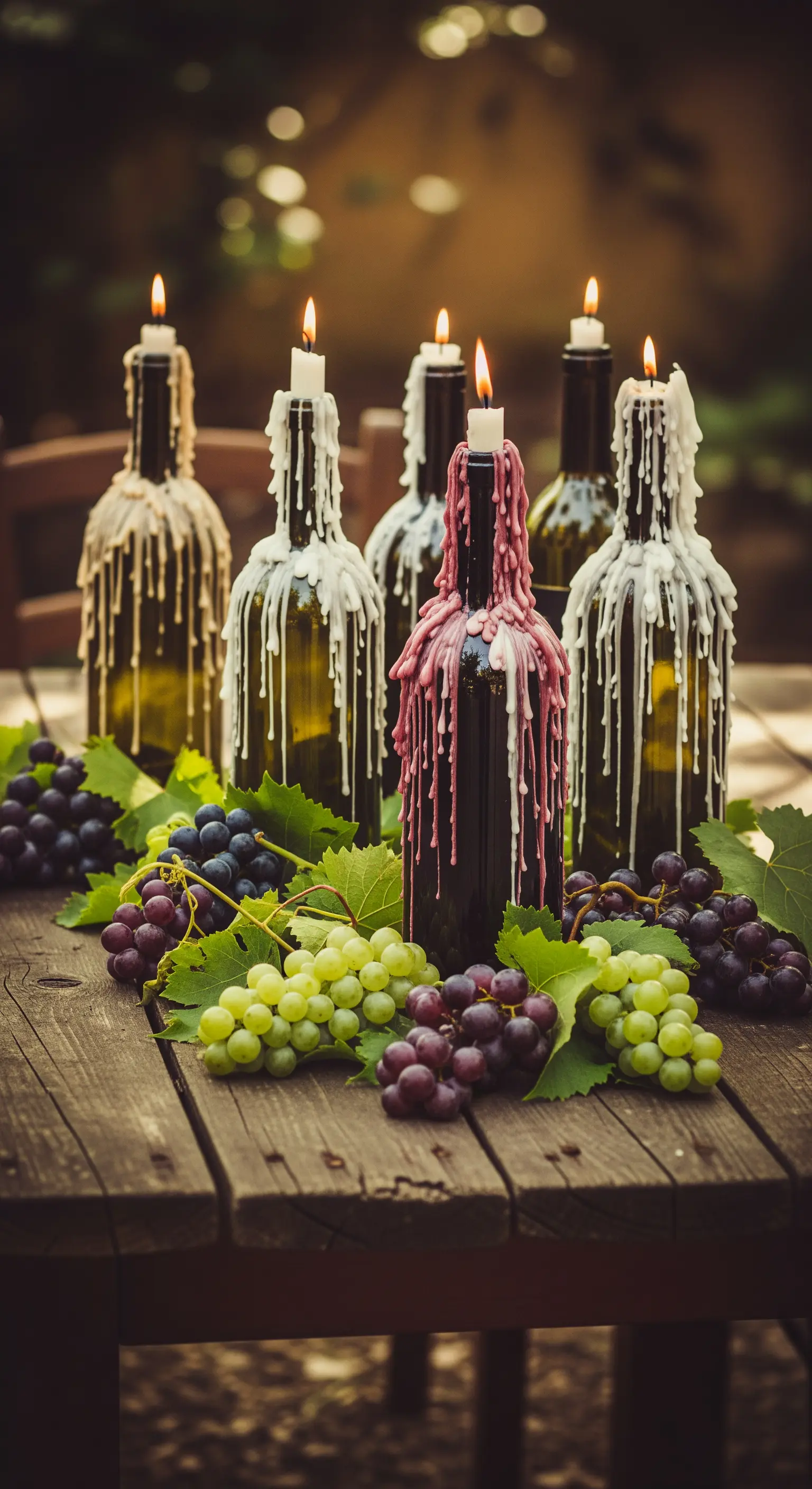 Alte Weinflaschen mit schmelzenden Kerzen, umgeben von Trauben und Weinblättern auf Holztisch