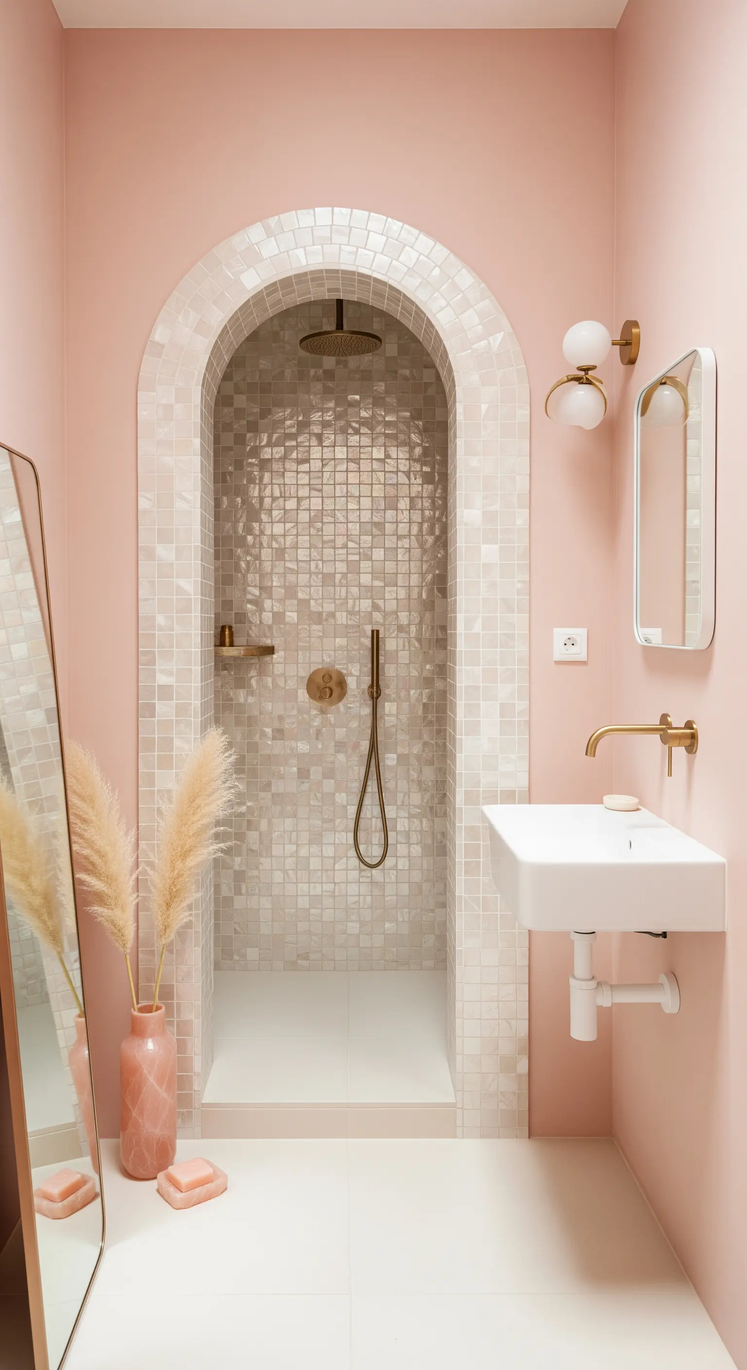 Rosafarbenes Badezimmer mit gewölbter Mosaikdusche und goldenen Armaturen.