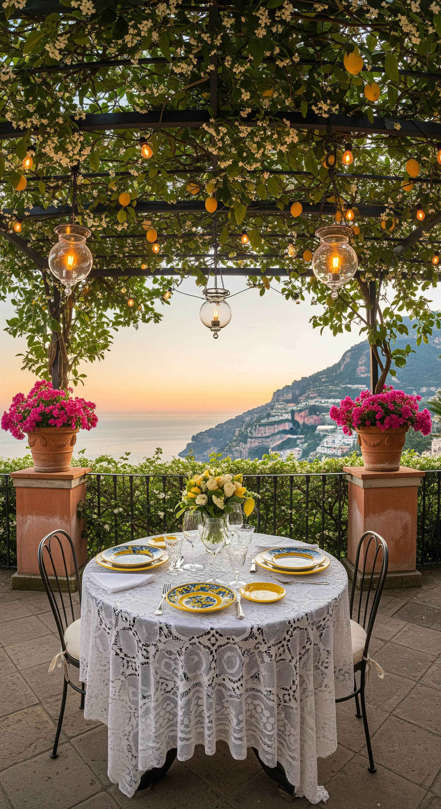 Intimes Abendessen unter blühender Zitronenpergola mit Meerblick