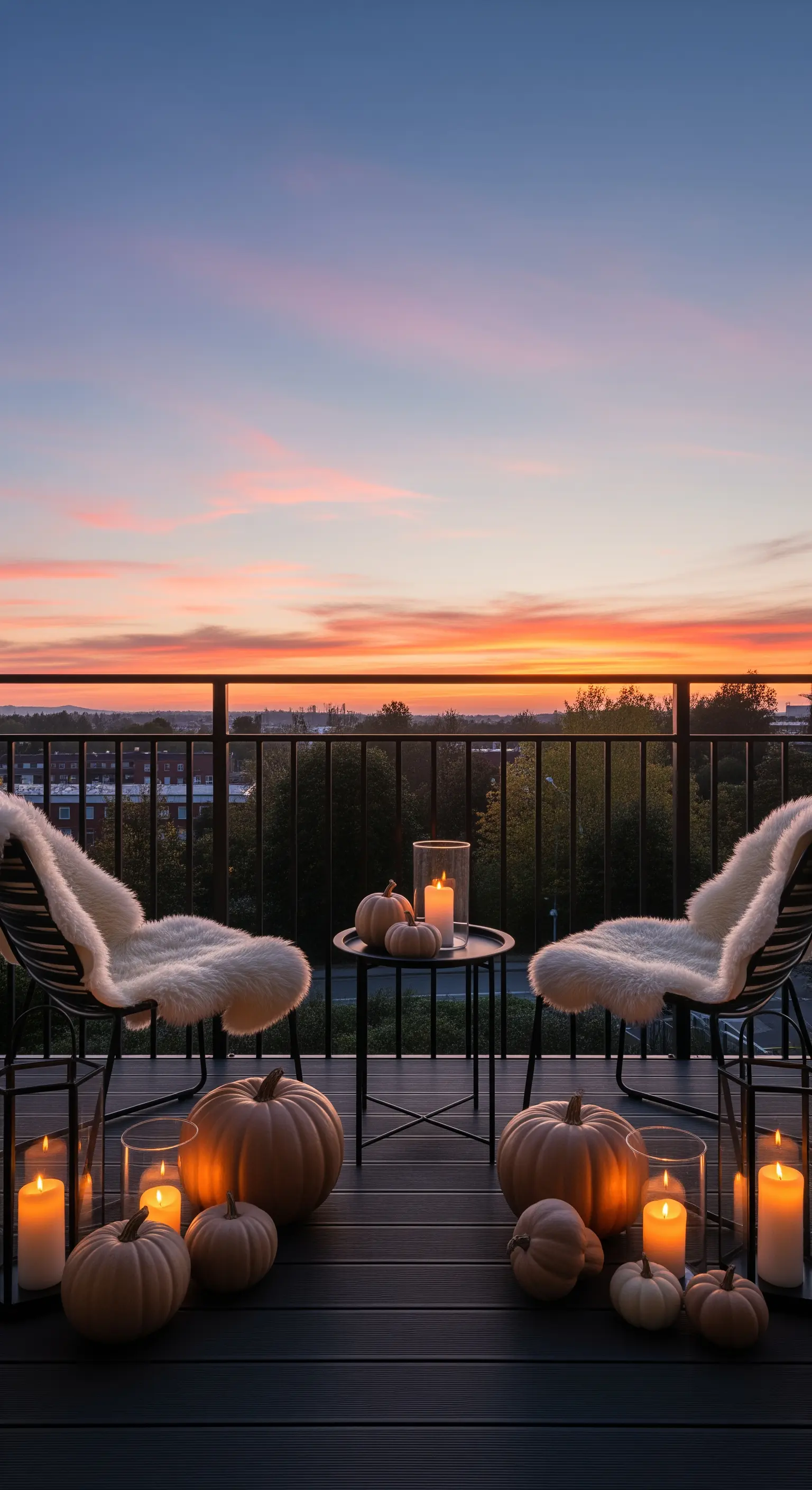 Balkon bei Sonnenuntergang mit Stühlen, Decken, Kürbissen und vielen Kerzen.