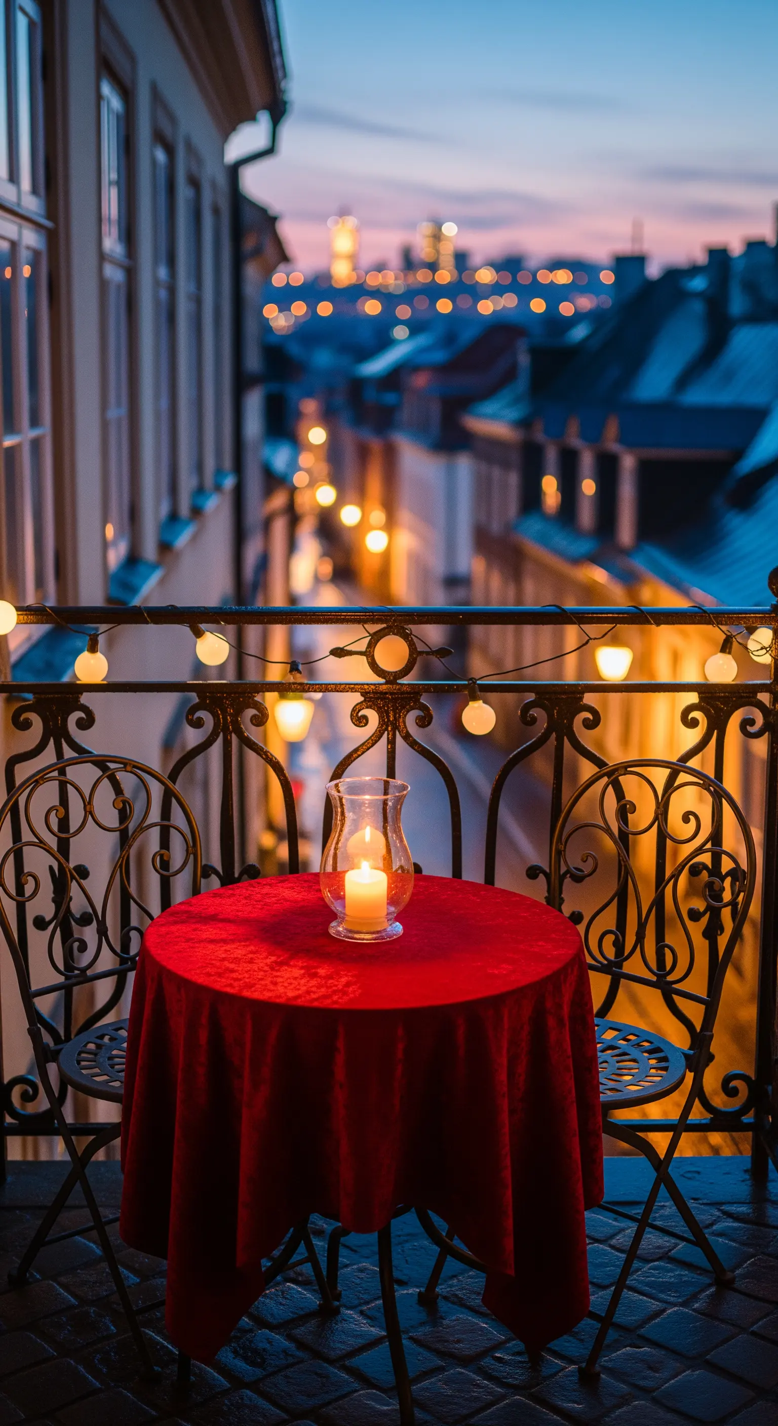 Romantischer Balkon, Bistrotisch, Kerzenlicht, Lichterketten, Stadtblick, rote Tischdecke