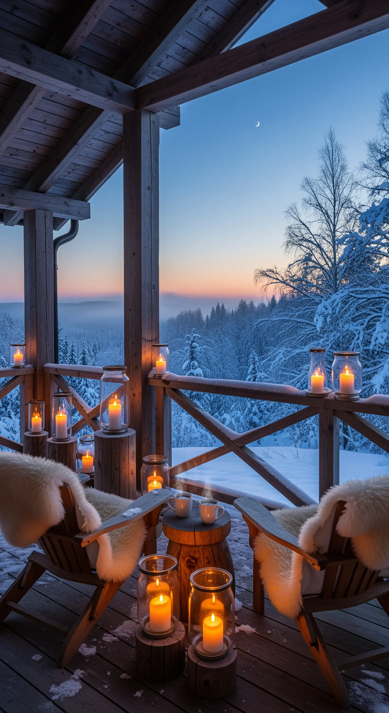 Balkon mit Schnee, Schaffell auf Stühlen, Kerzen in Gläsern und auf Holzscheiben