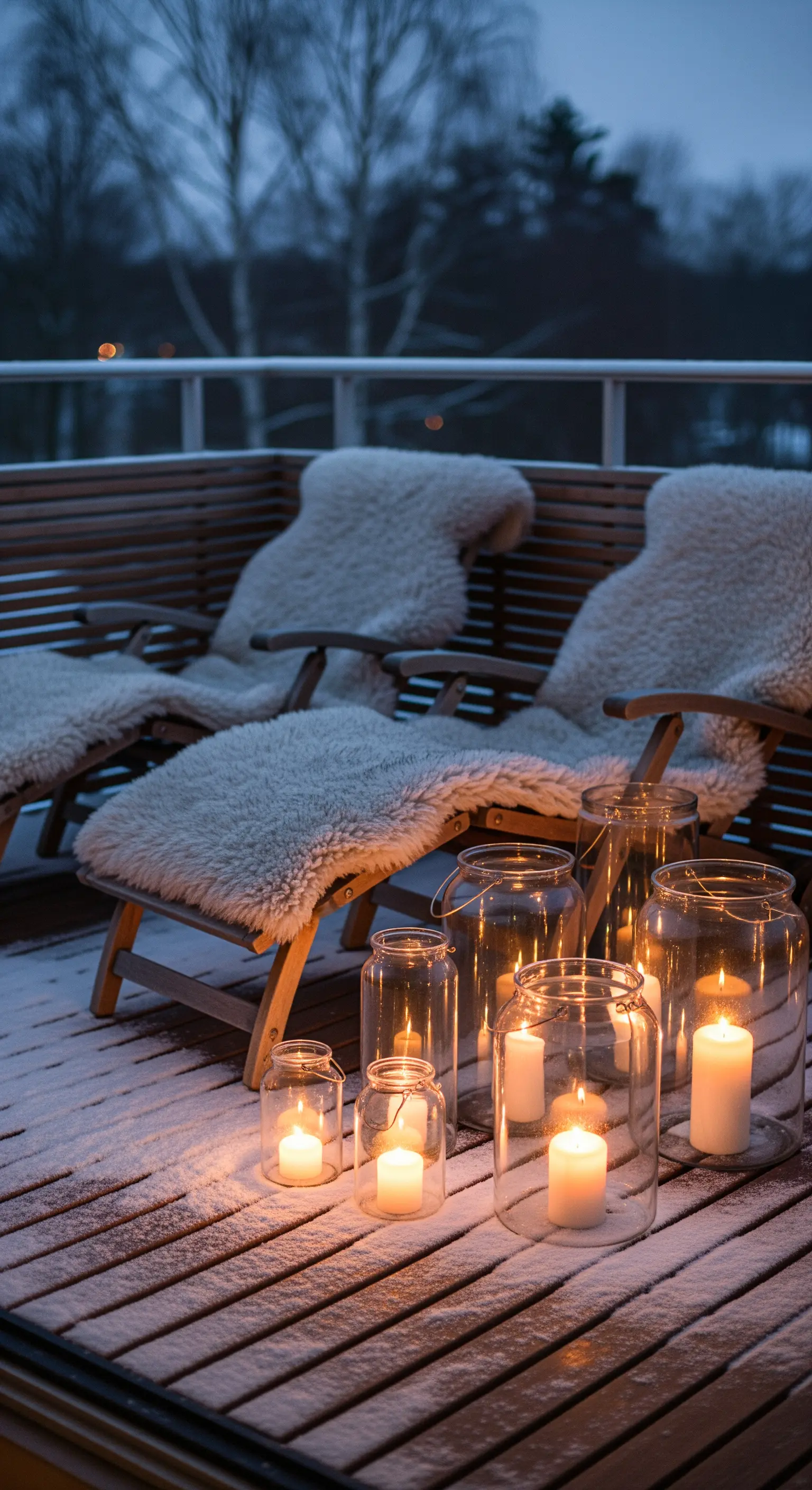 Schneebedeckter Balkon mit Schafsfellen und leuchtenden Laternen