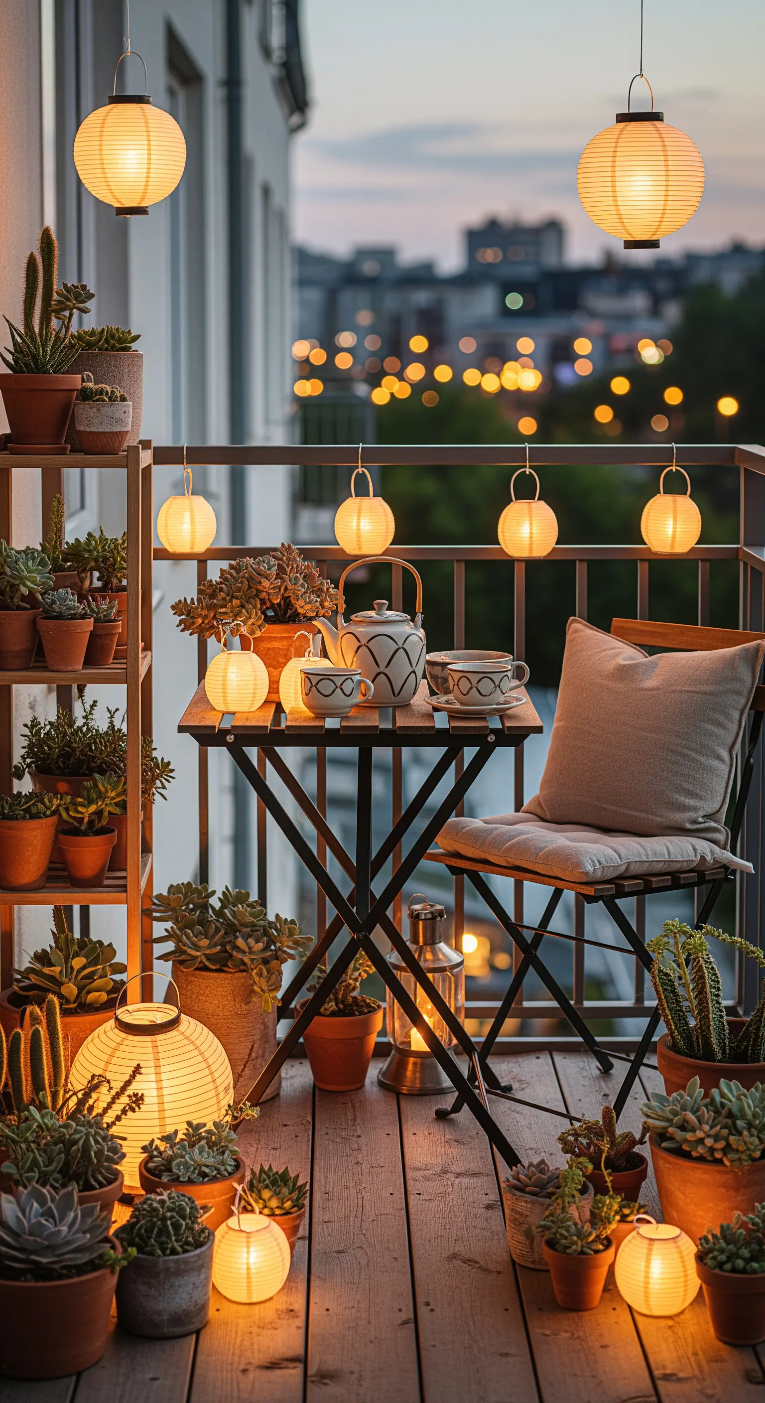 Japandi Balkon, kleine Laternen, Sukkulenten, Stadtblick