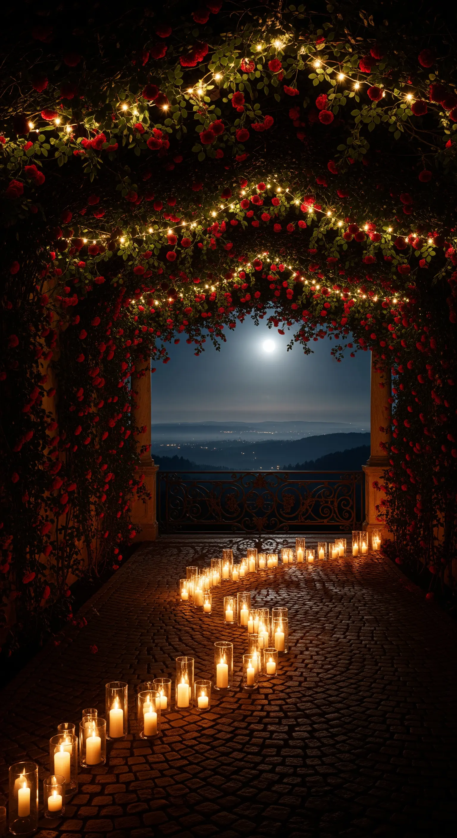 Balkon mit rotem Rosenbogen, Lichterketten, Kerzenpfad und Stadtblick bei Mondlicht