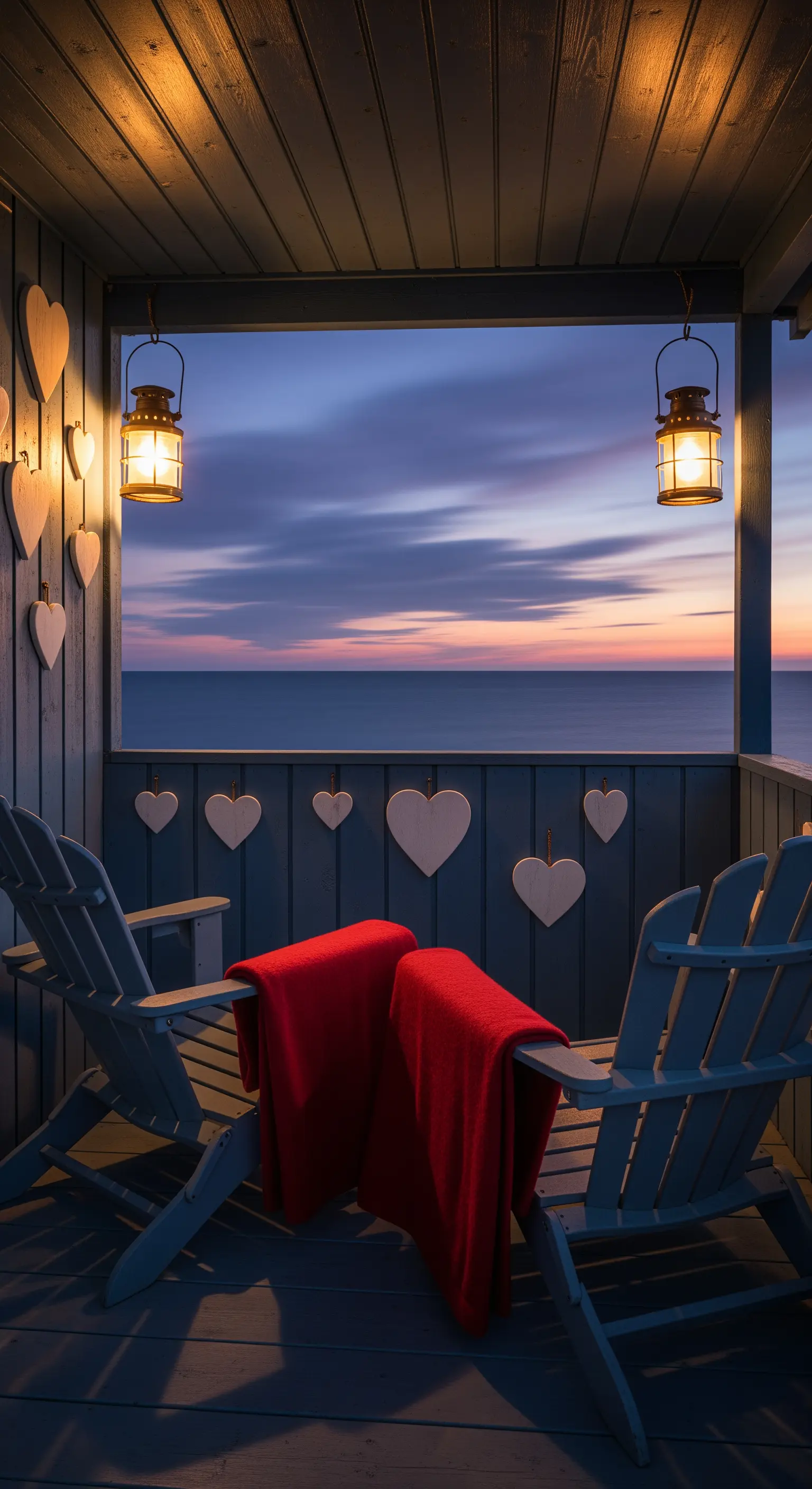 Balkon mit Meerblick, Holzherzen, rote Decken, Adirondack-Stühle, Laternen