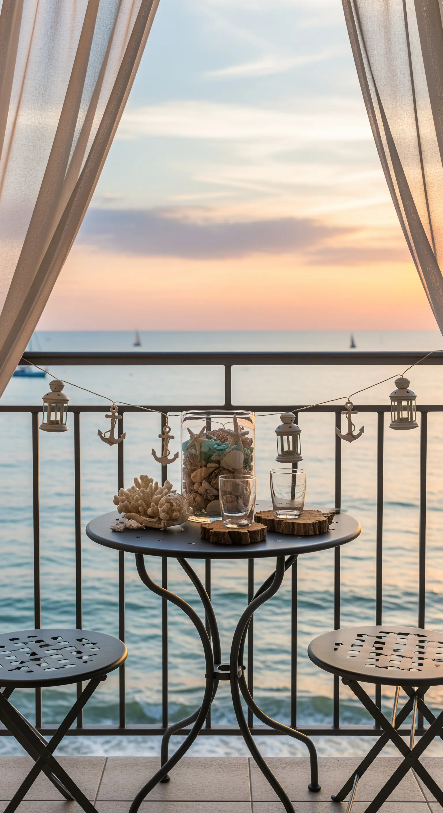 Balkon mit Meerblick, Muschelglas, Laternen und Sonnenuntergang