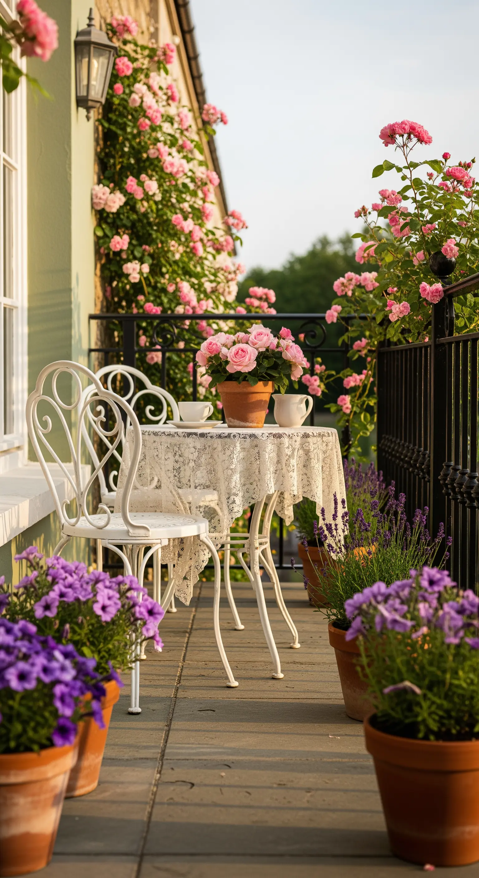 Balkon mit pinken Kletterrosen, weißem Bistro-Set und Terrakotta-Blumentöpfen