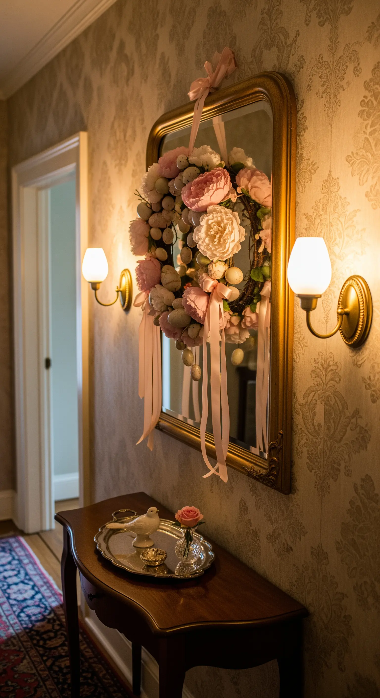 Vintage-Spiegel mit opulentem Rosen-Osterkranz