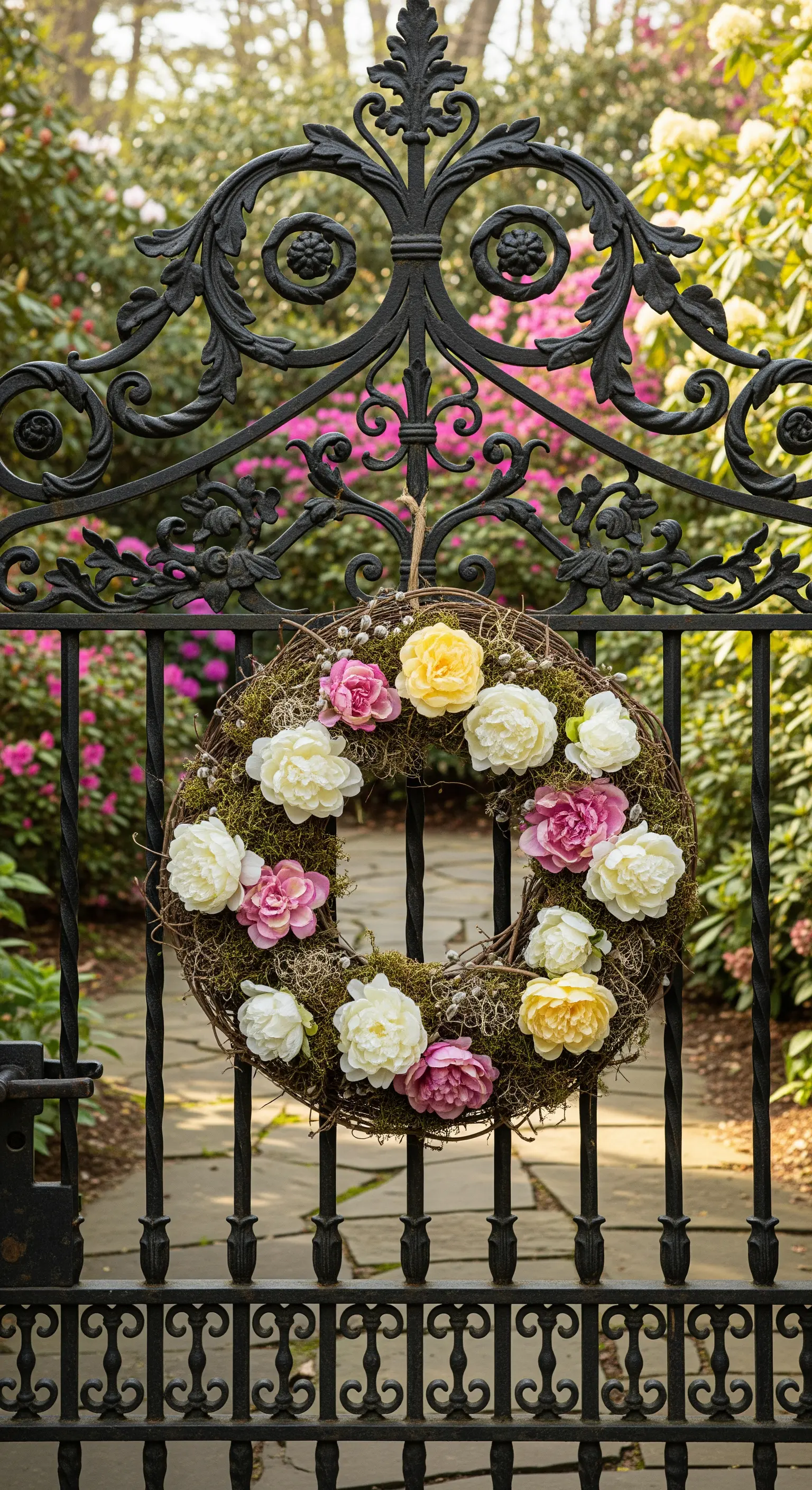 Blütenkranz aus Moos und weißen/pinken Blumen an einem schmiedeeisernen Gartentor