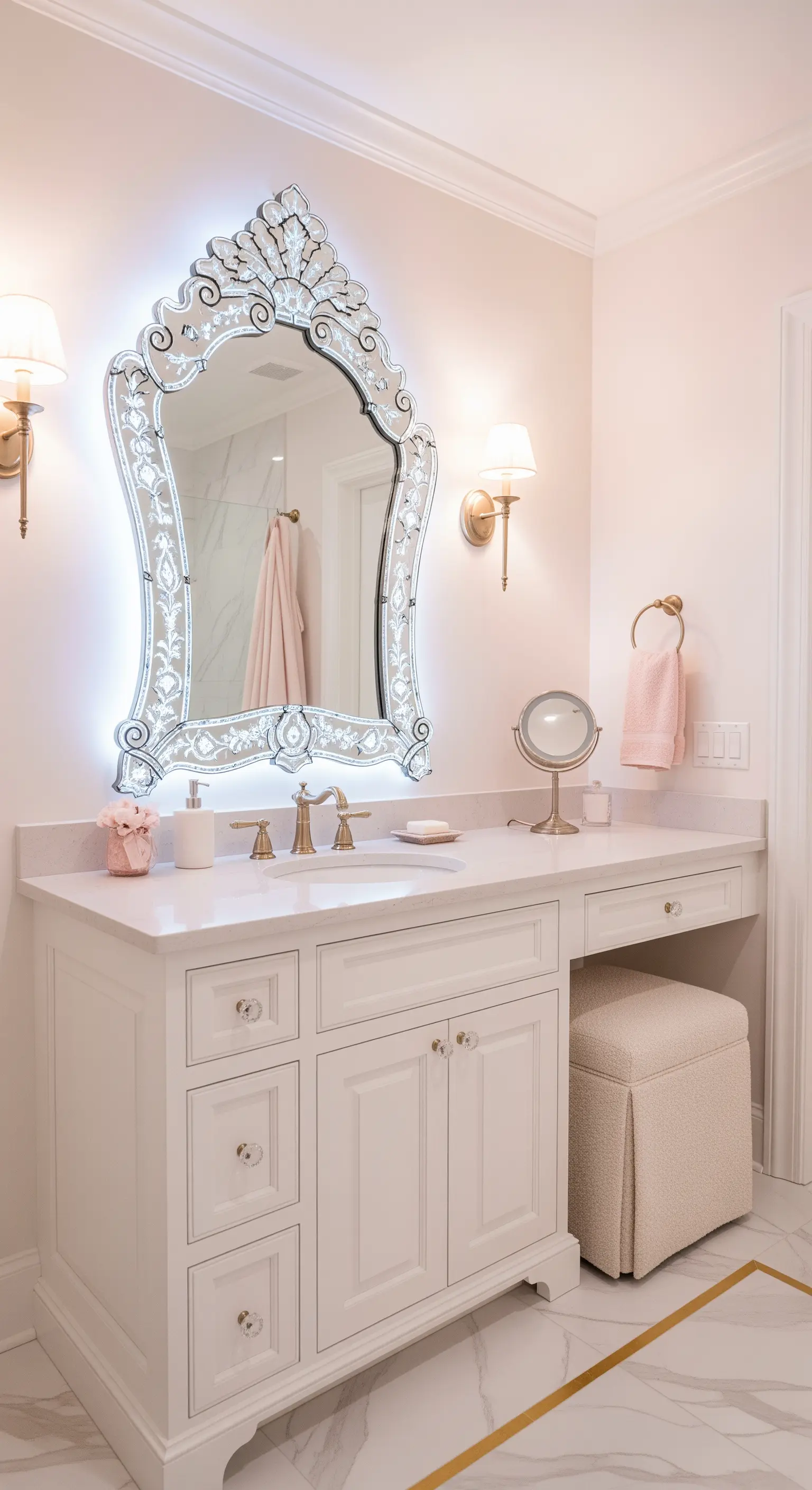 Verzierter Spiegel im venezianischen Stil mit LED-Hintergrundbeleuchtung über einem weißen Waschtisch.