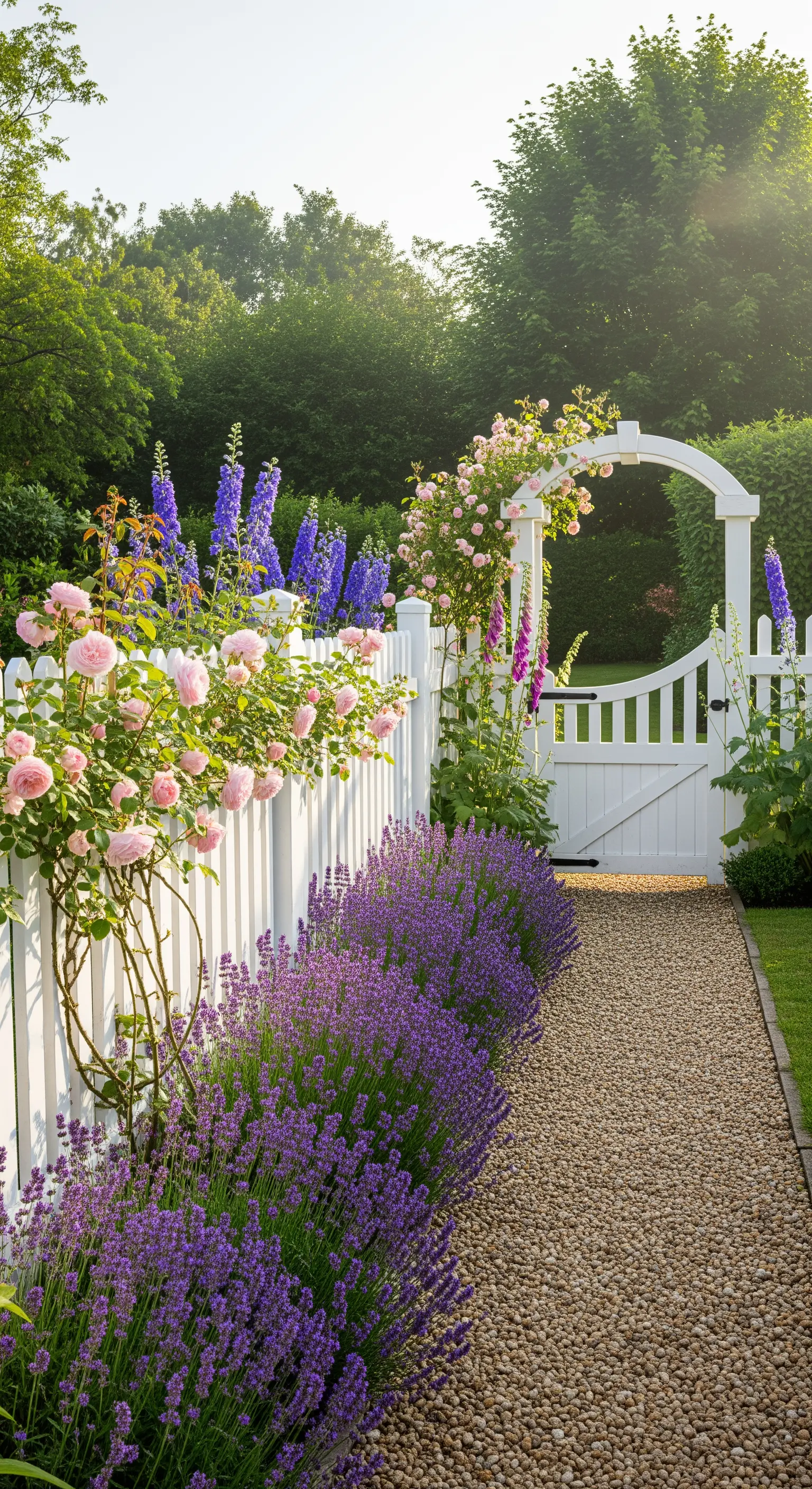 Weißer Lattenzaun mit Rosenbogen, Lavendel und Kletterrosen