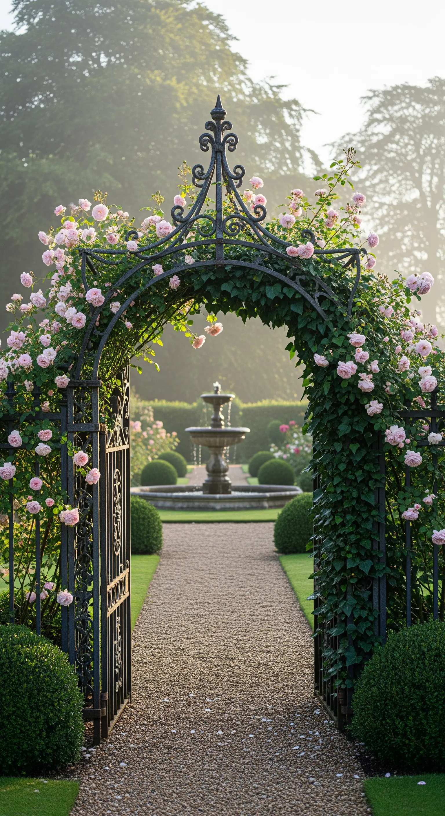 Eingangsportal mit hellrosa Kletterrosen und Buchsbaumkugeln in einem englischen Garten.