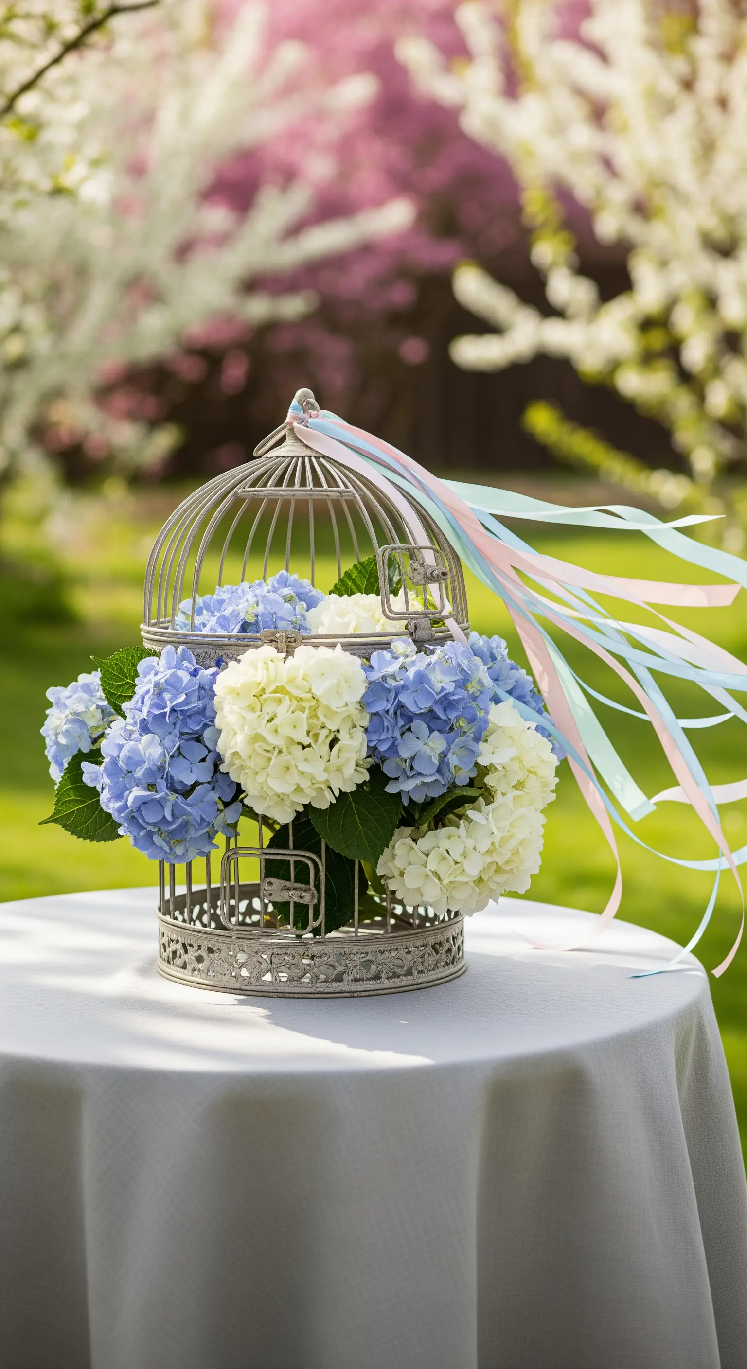 Vogelkäfig mit blauen und cremefarbenen Hortensien und Bändern