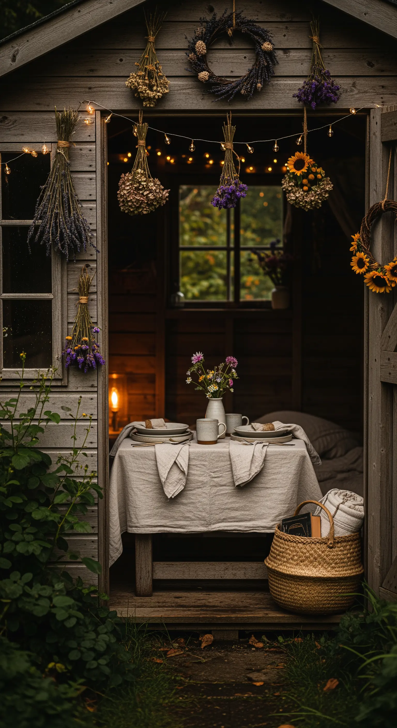 Gemütliches Gartenhaus mit Trockenblumen, Lichterketten und rustikaler Tischdekoration