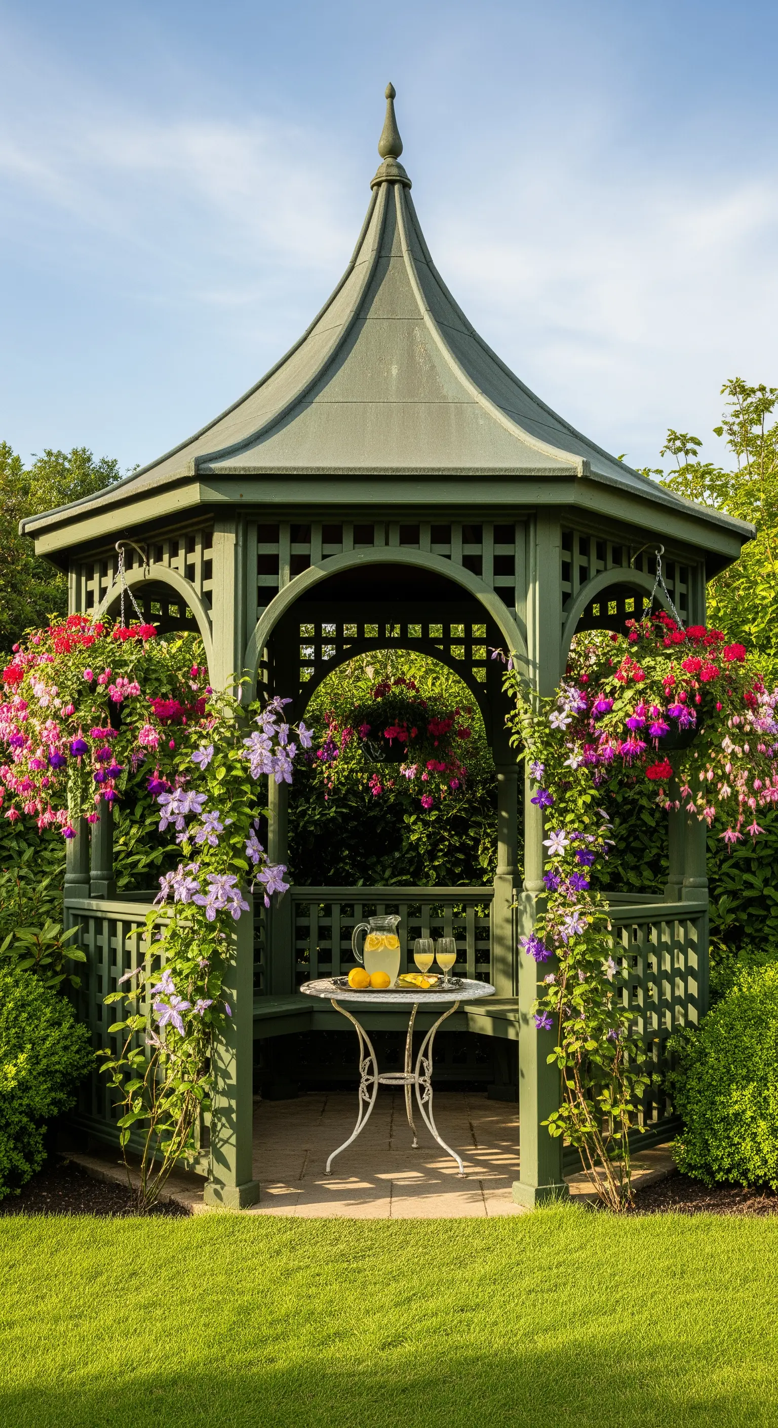 Grüner Gartenpavillon, geschmückt mit Hängekörben und Kletterpflanzen, mit kleinem Tisch und Limonade.