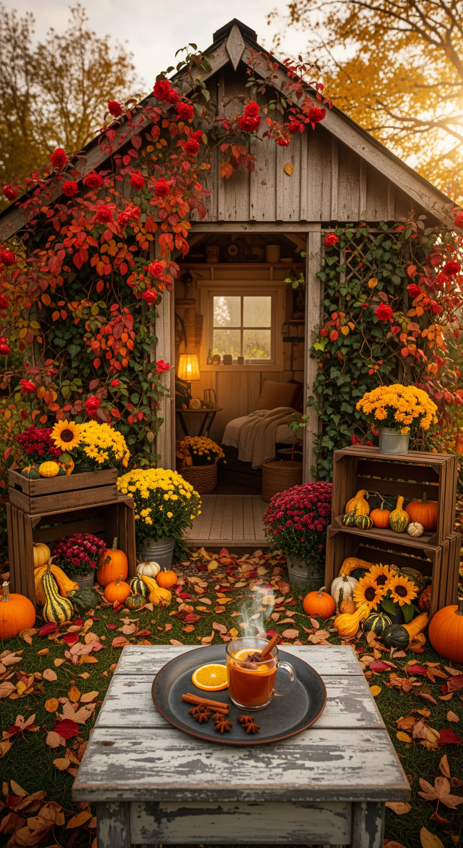 Gartenschuppen mit Rosen, Kürbissen, Chrysanthemen und Herbstgetränk.