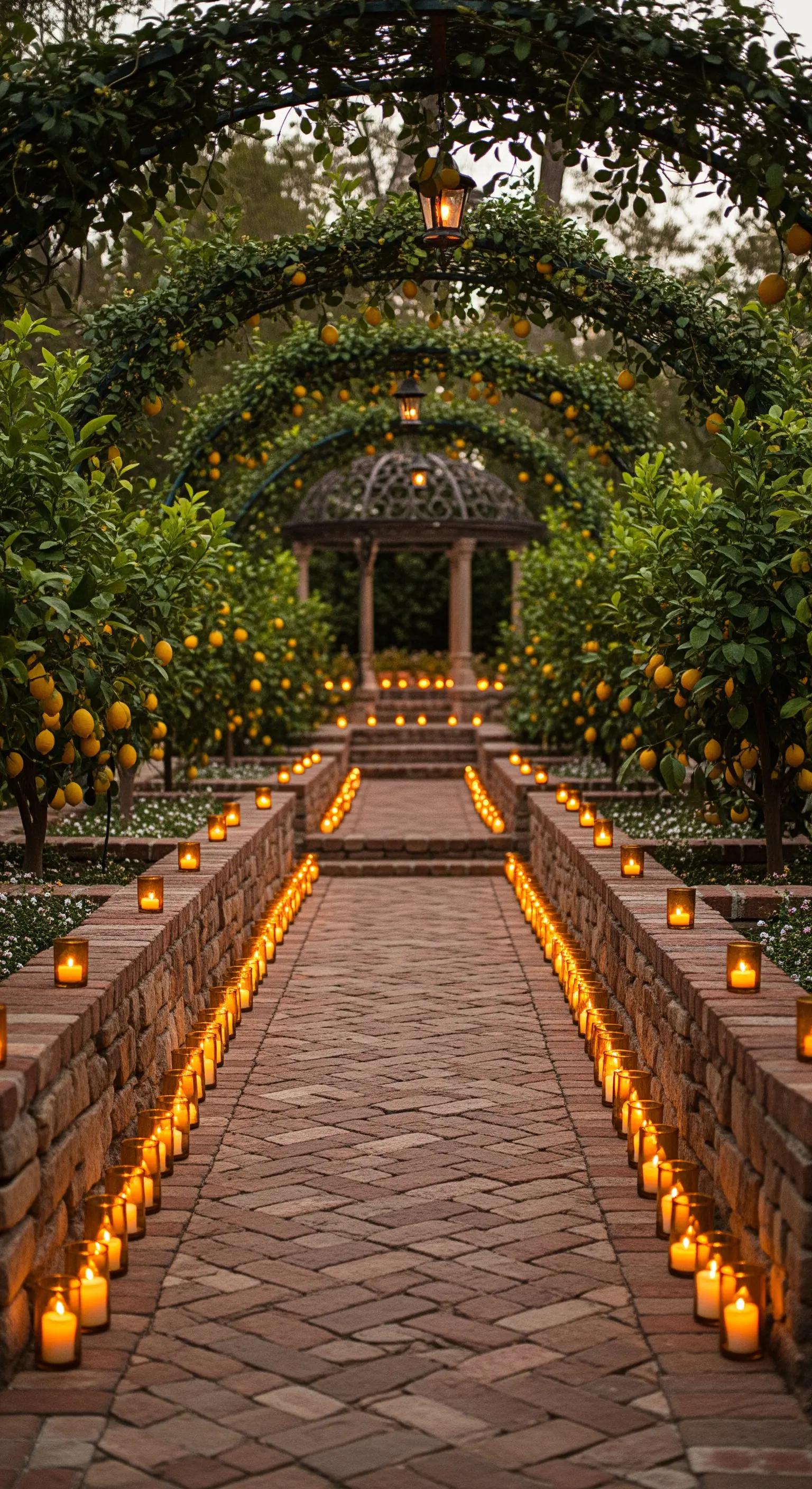 Gartenweg gesäumt von Teelichtern in Glaswindlichtern, umgeben von Zitronenbäumen