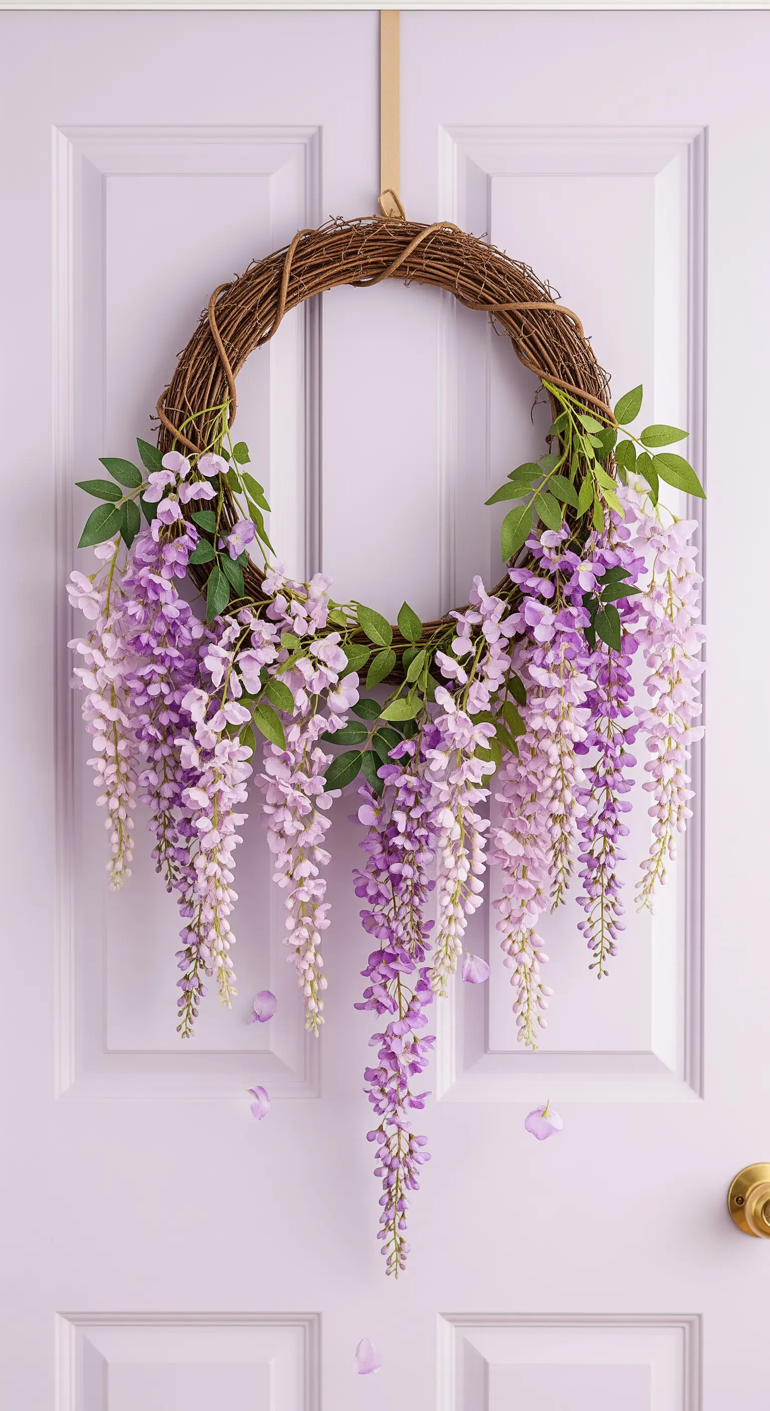 Weidenkranz mit herabhängenden, lilafarbenen Glyzinienblüten an einer weißen Tür.