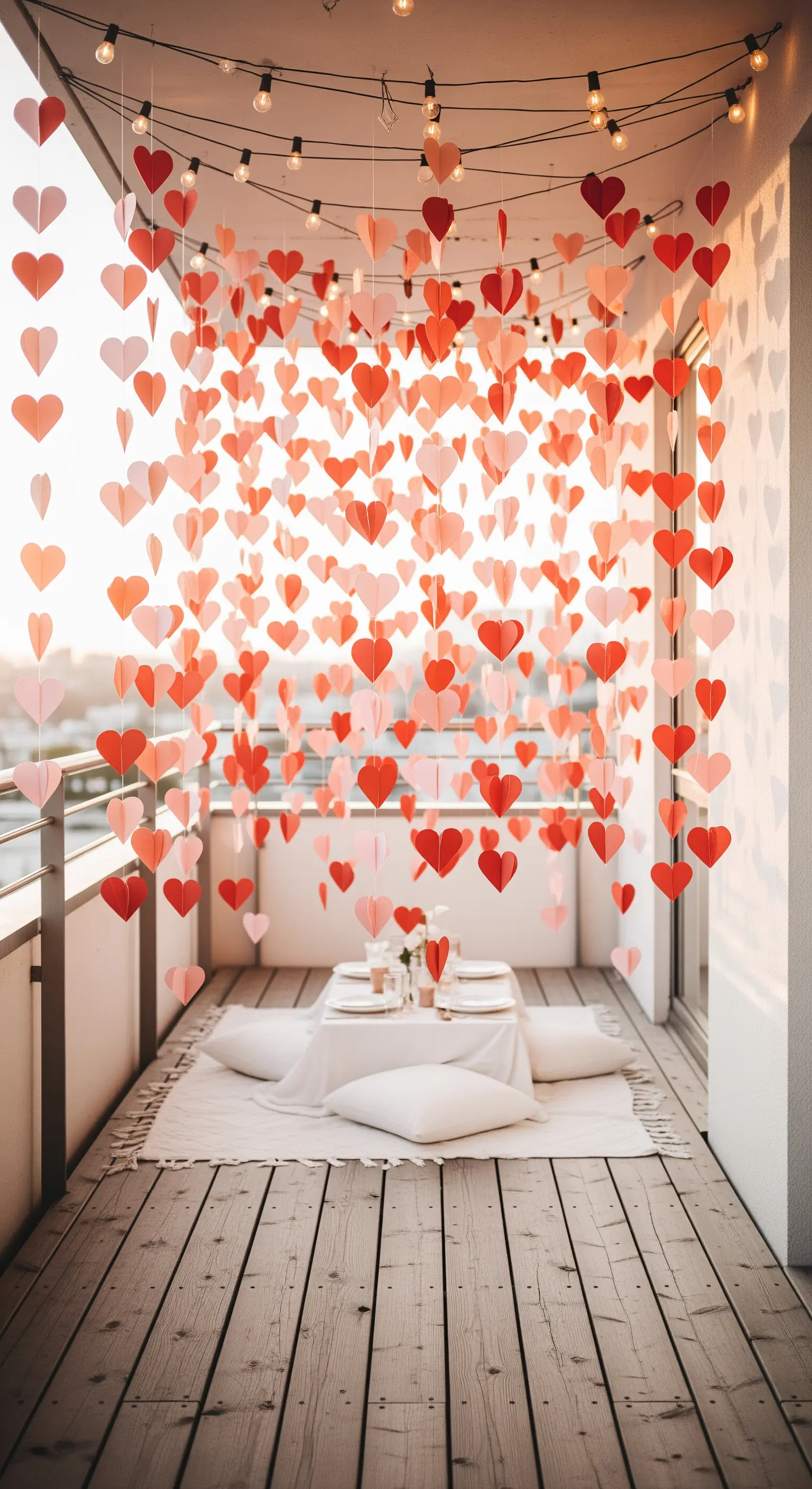 Balkon mit hängenden Papierherzen, niedrigem Tisch, Kissen und Lichterkette.