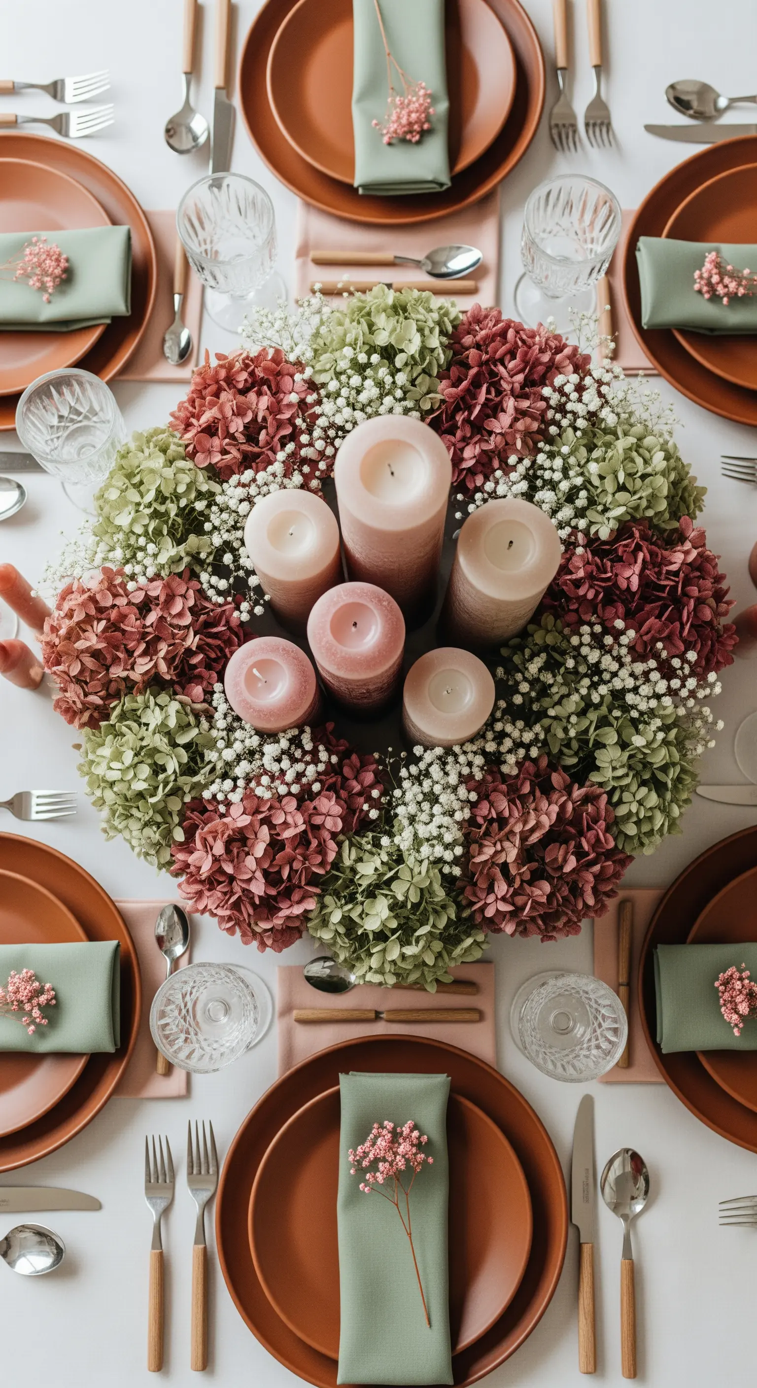 Getrockneter Hortensienkranz, Pastellkerzen, terrakotta Teller, salbeigrüne Servietten für romantische Herbst-Tafel.