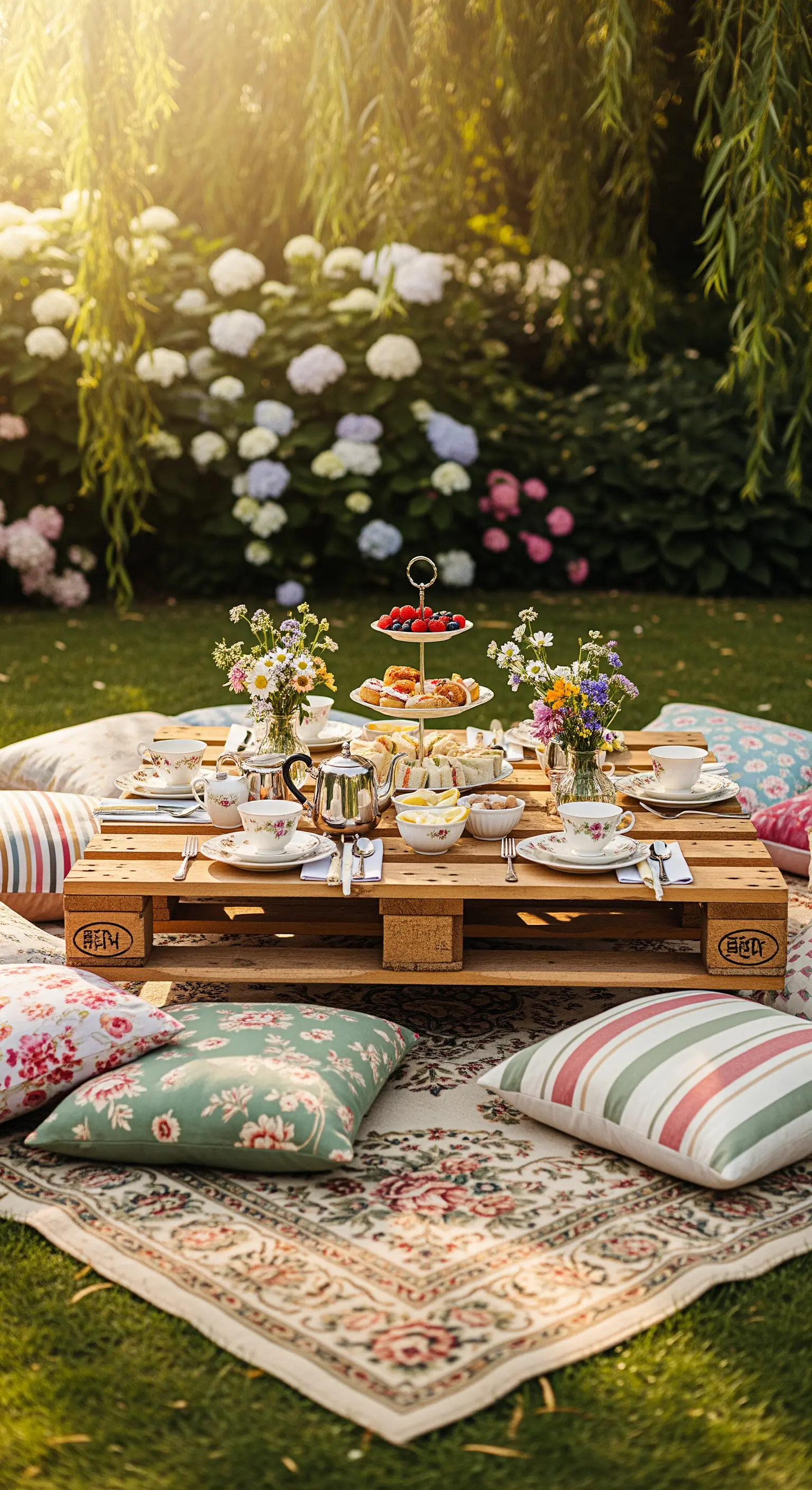 Niedriger Palettentisch mit Vintage-Geschirr, Etagere und floralen Bodenkissen im Garten.