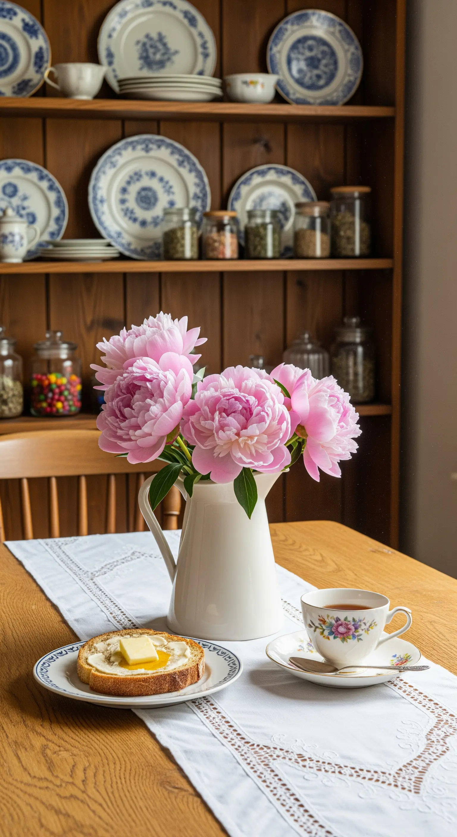 Zarte rosa Pfingstrosen auf Holztisch mit Vintage-Geschirr