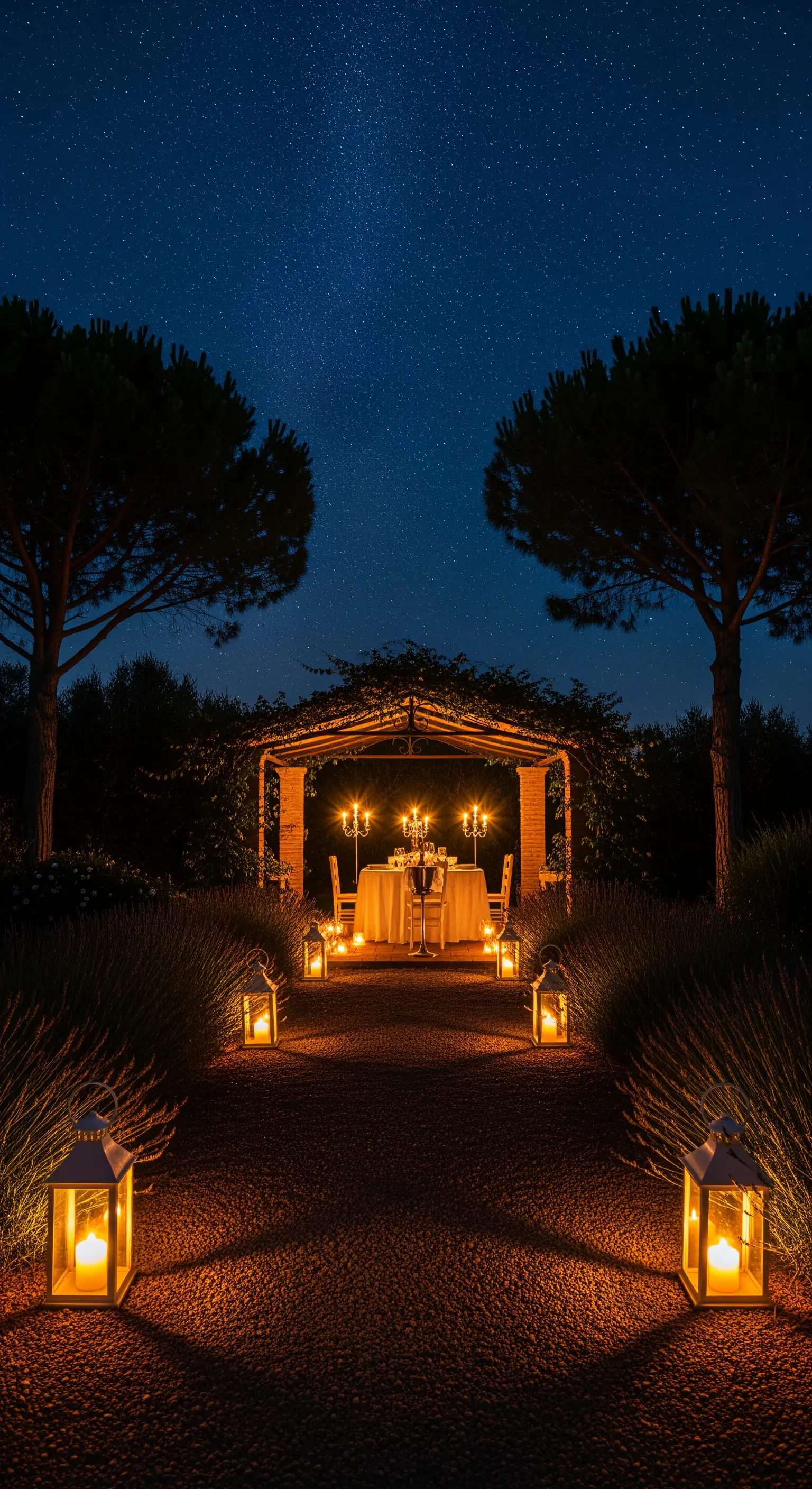 Laternenweg, intime Pergola, Dinner für zwei, Zypressen