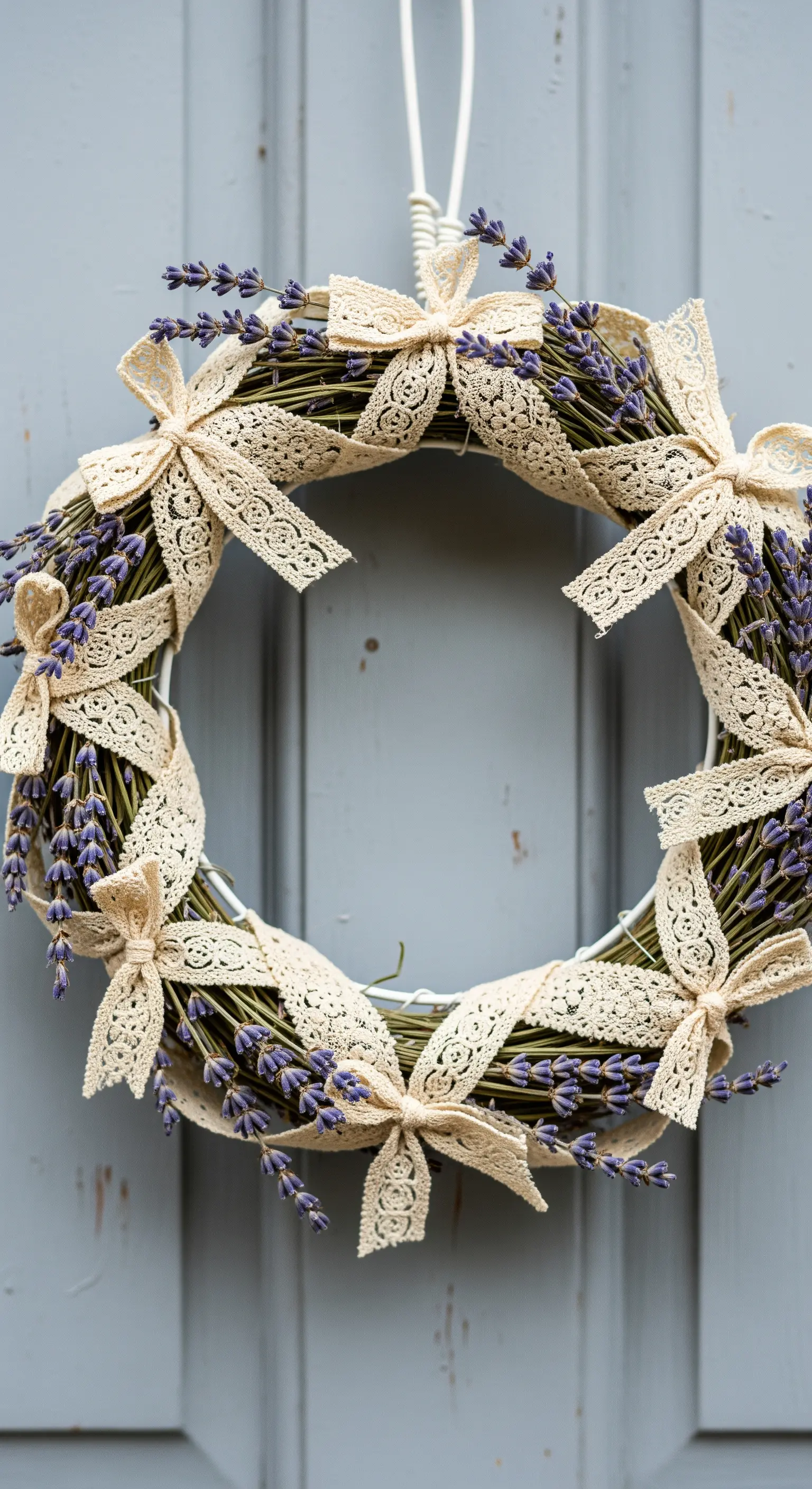 Kranz aus Lavendelzweigen mit Spitzenschleifen an einer hellgrauen Tür.
