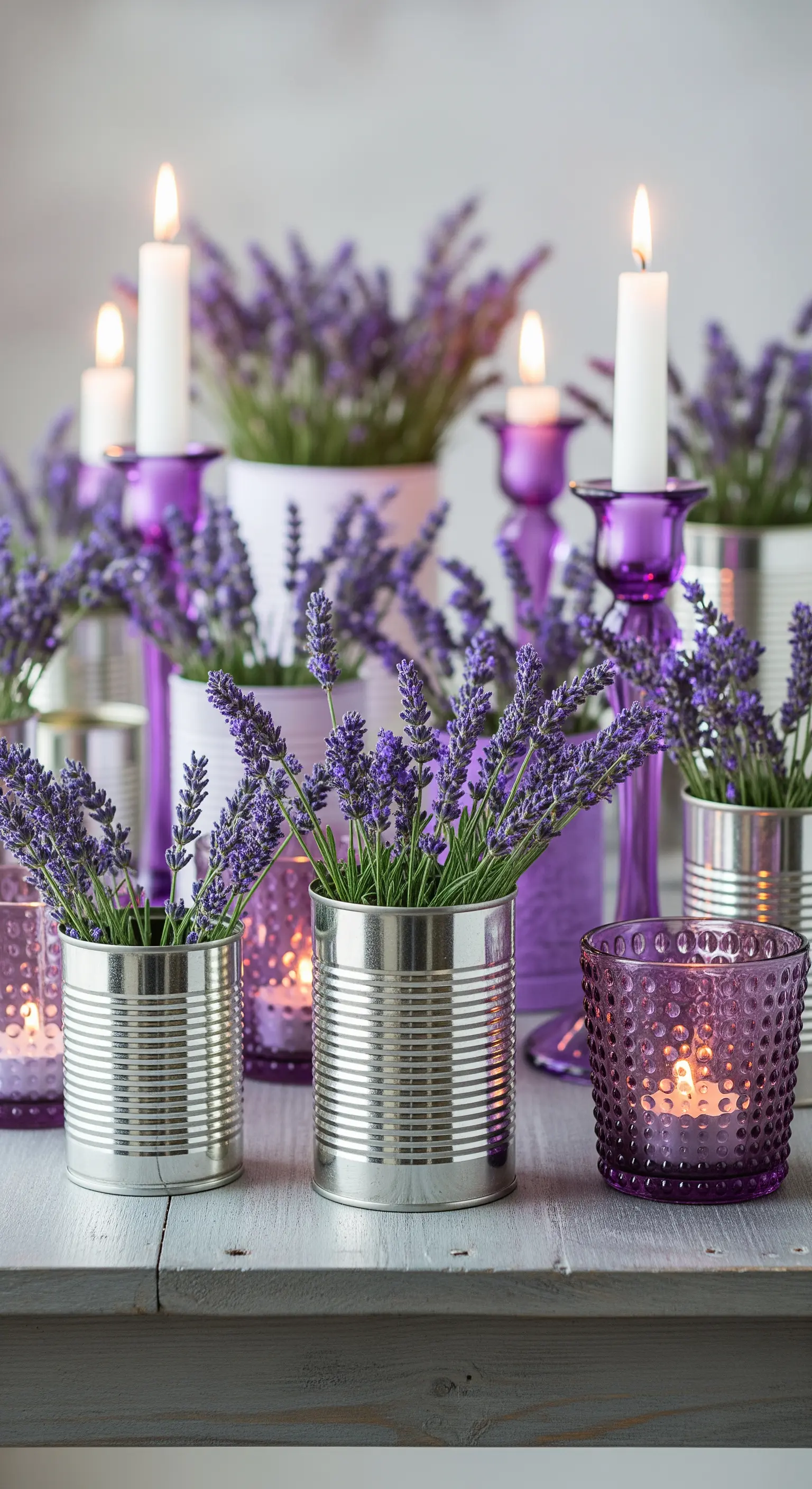 Duftende Osterdeko: Lavendel in Upcycling-Dosen und lila Kerzenlicht