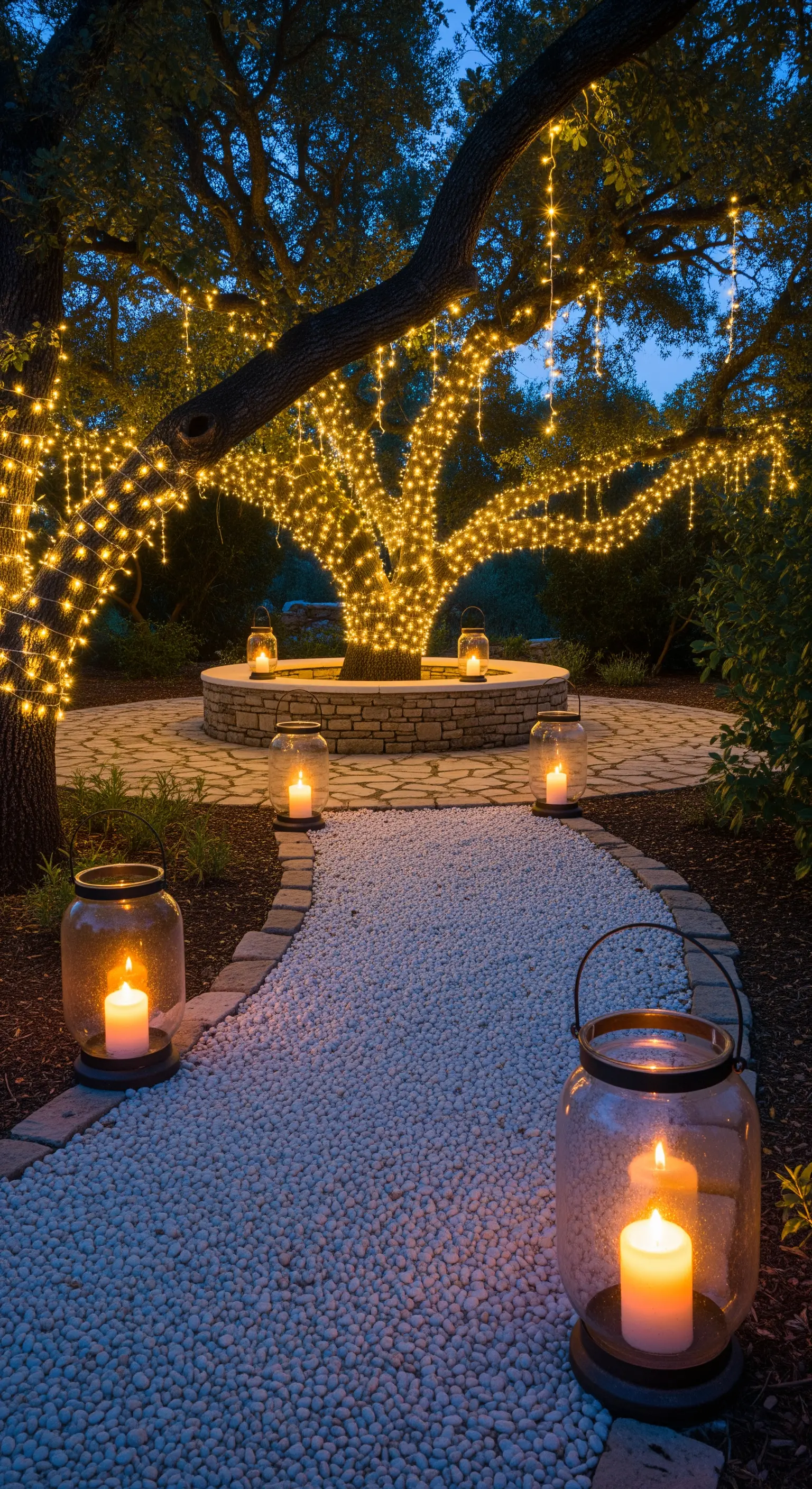 Beleuchteter Baum mit Lichterketten, Kiesweg und großen Laternen bei Nacht