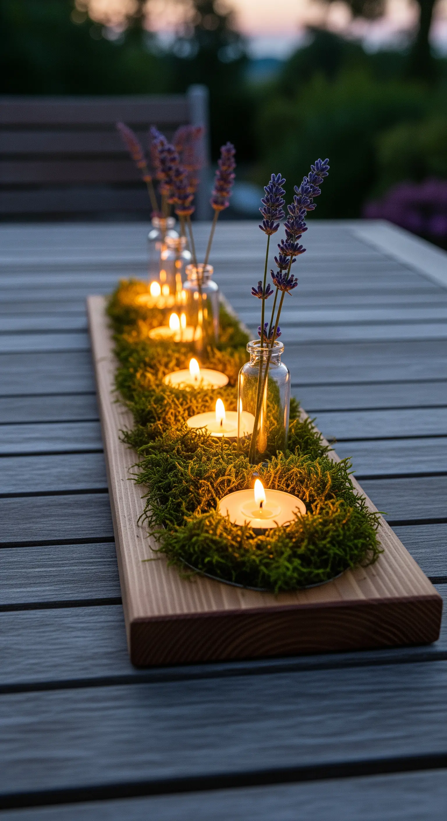 Moos-Kerzen-Läufer mit Lavendel auf einem Holztisch