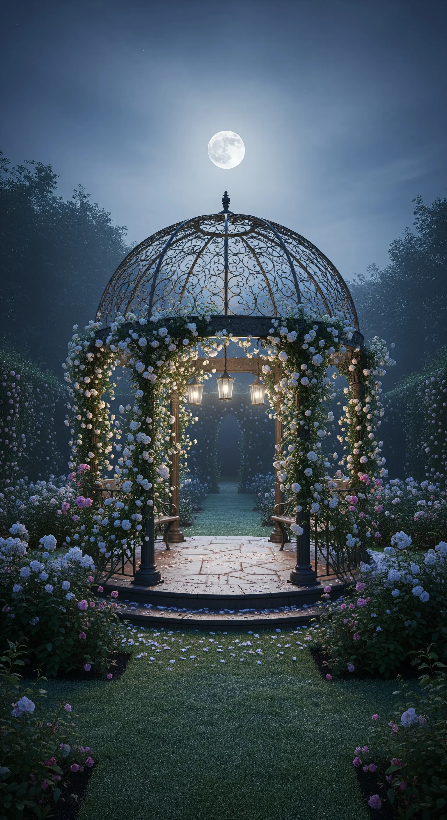 Romantischer Gartenpavillon mit weißen Kletterrosen und Laternen bei Vollmond.