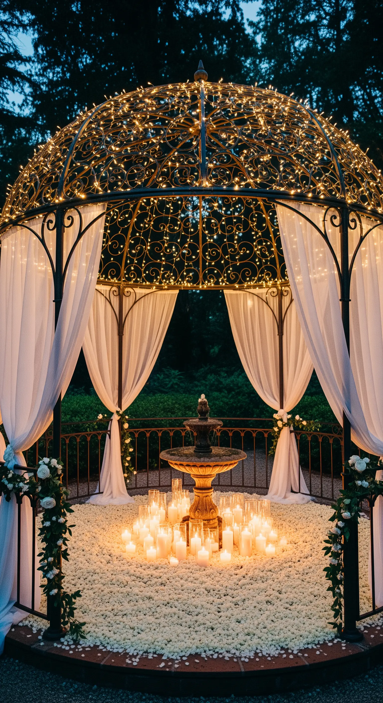Metallpavillon mit Lichterketten, weißen Vorhängen, Brunnen und vielen Kerzen und Rosenblüten