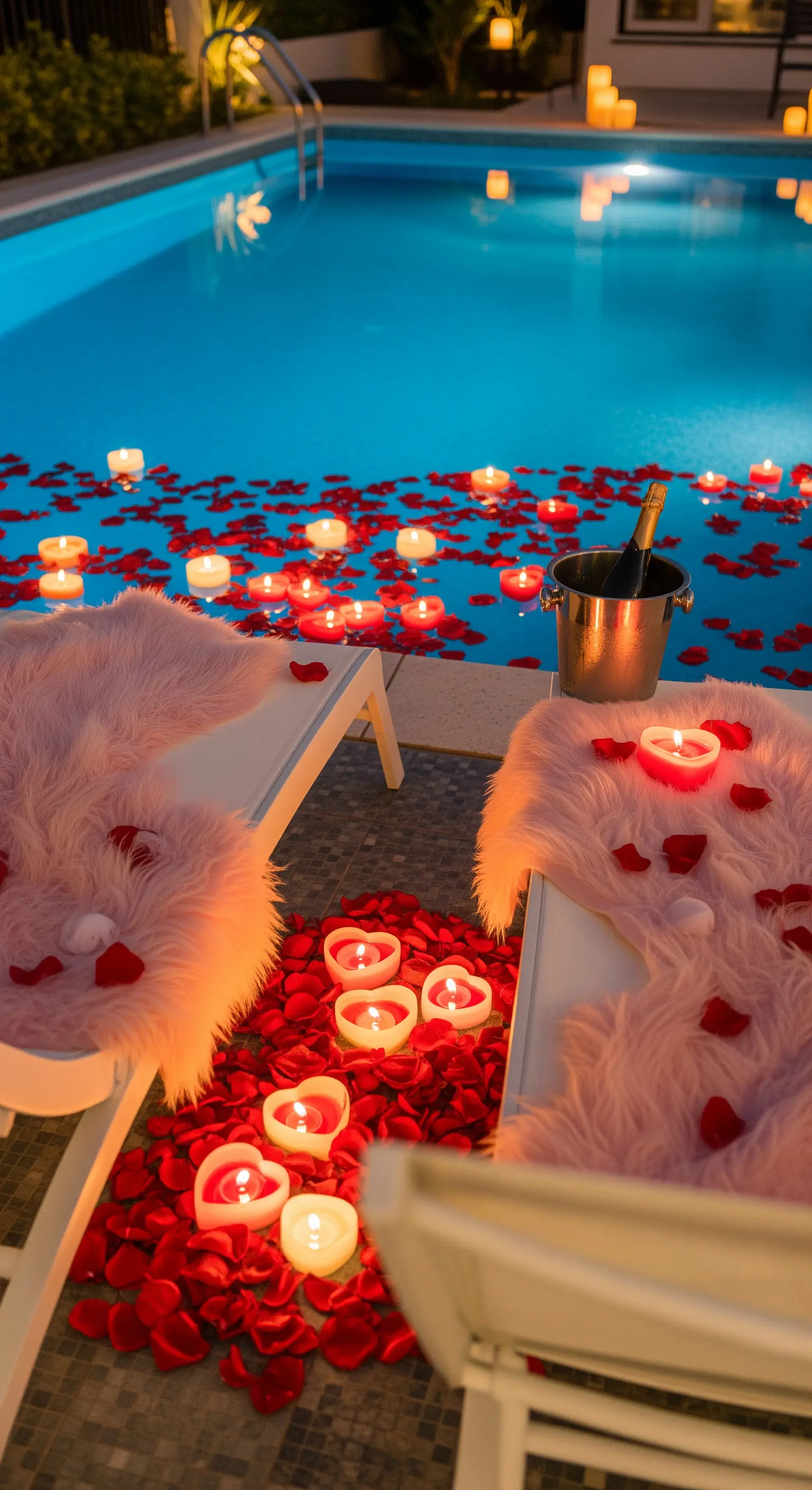 Poolbereich mit roten Rosenblättern, Herzkerzen und flauschigen Decken.