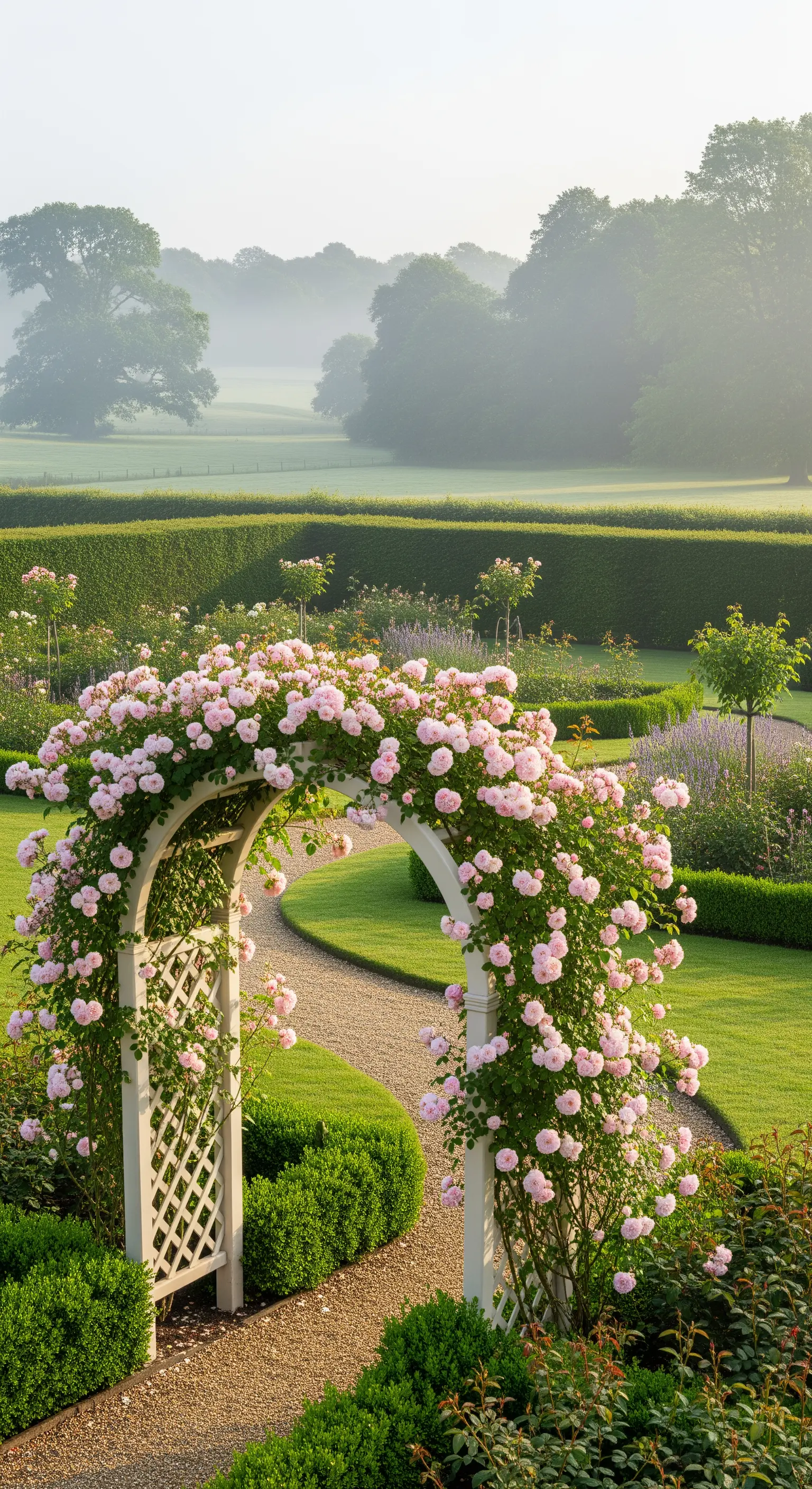 Romantischer Rosenbogen mit pinken Kletterrosen über einem Kiesweg