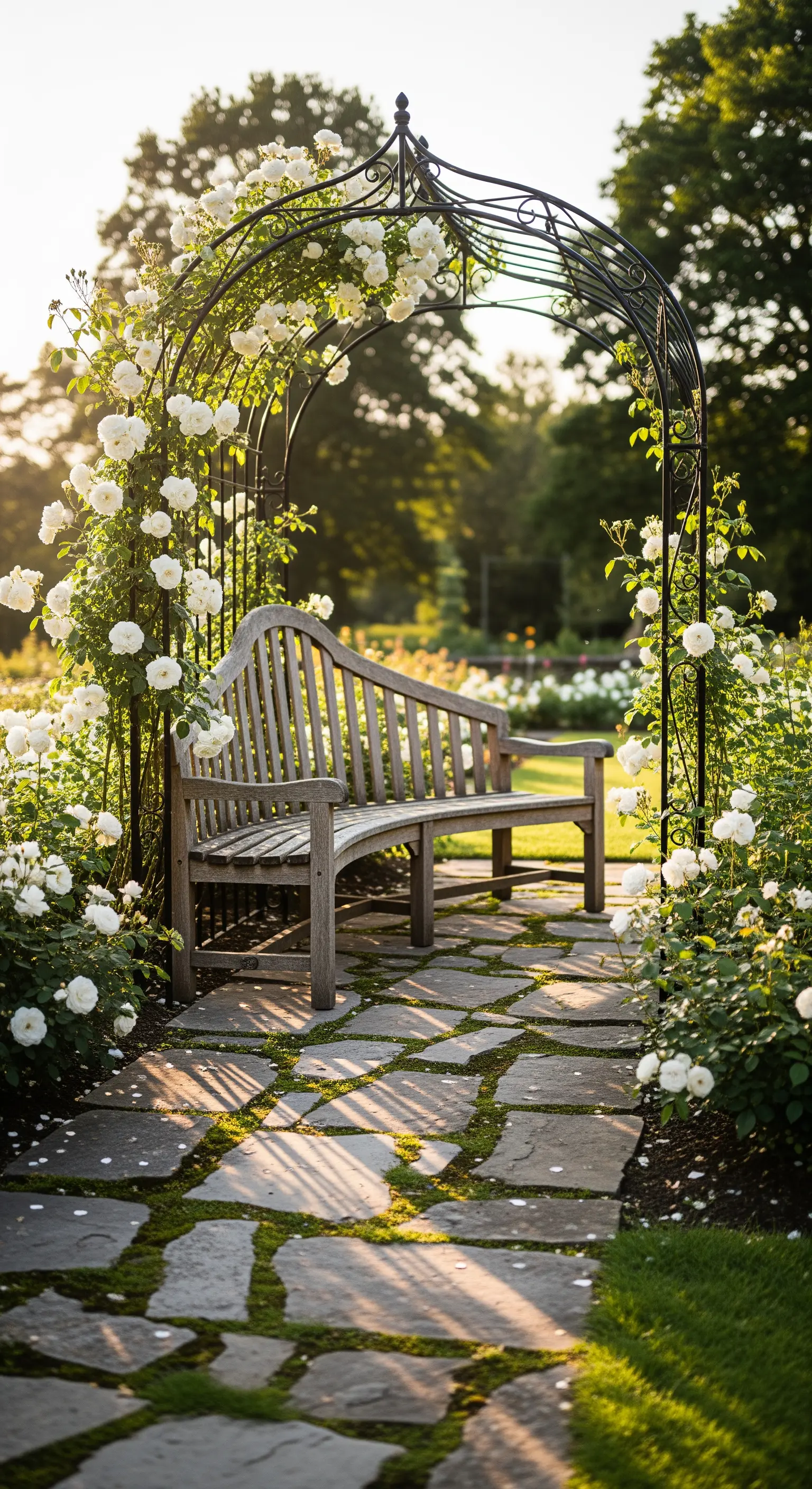 Holzbank unter einem Rosenbogen auf einem Weg aus Natursteinplatten