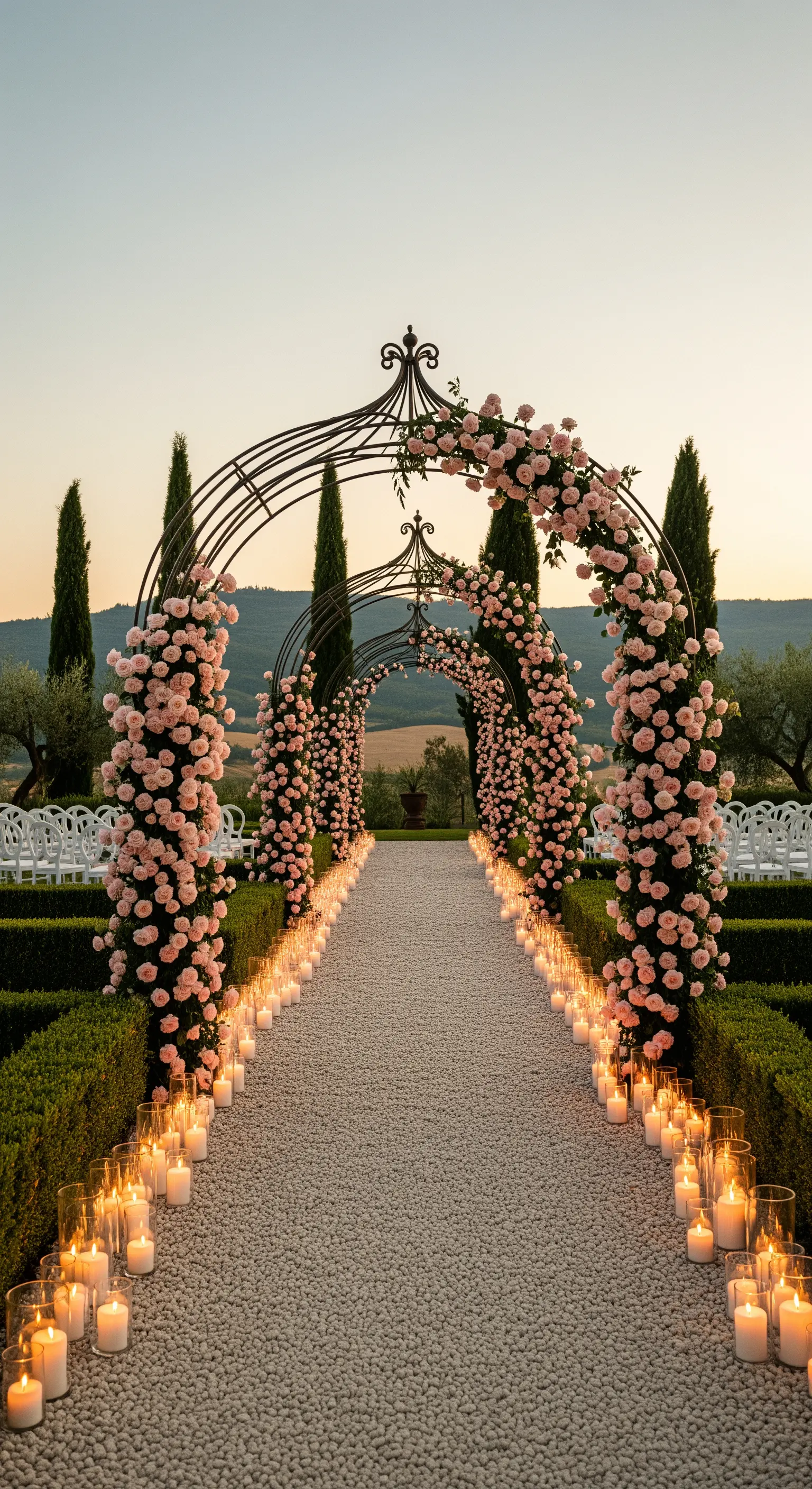 Rosenbögen mit Kletterrosen und Kerzenlichtweg im italienischen Gartenstil