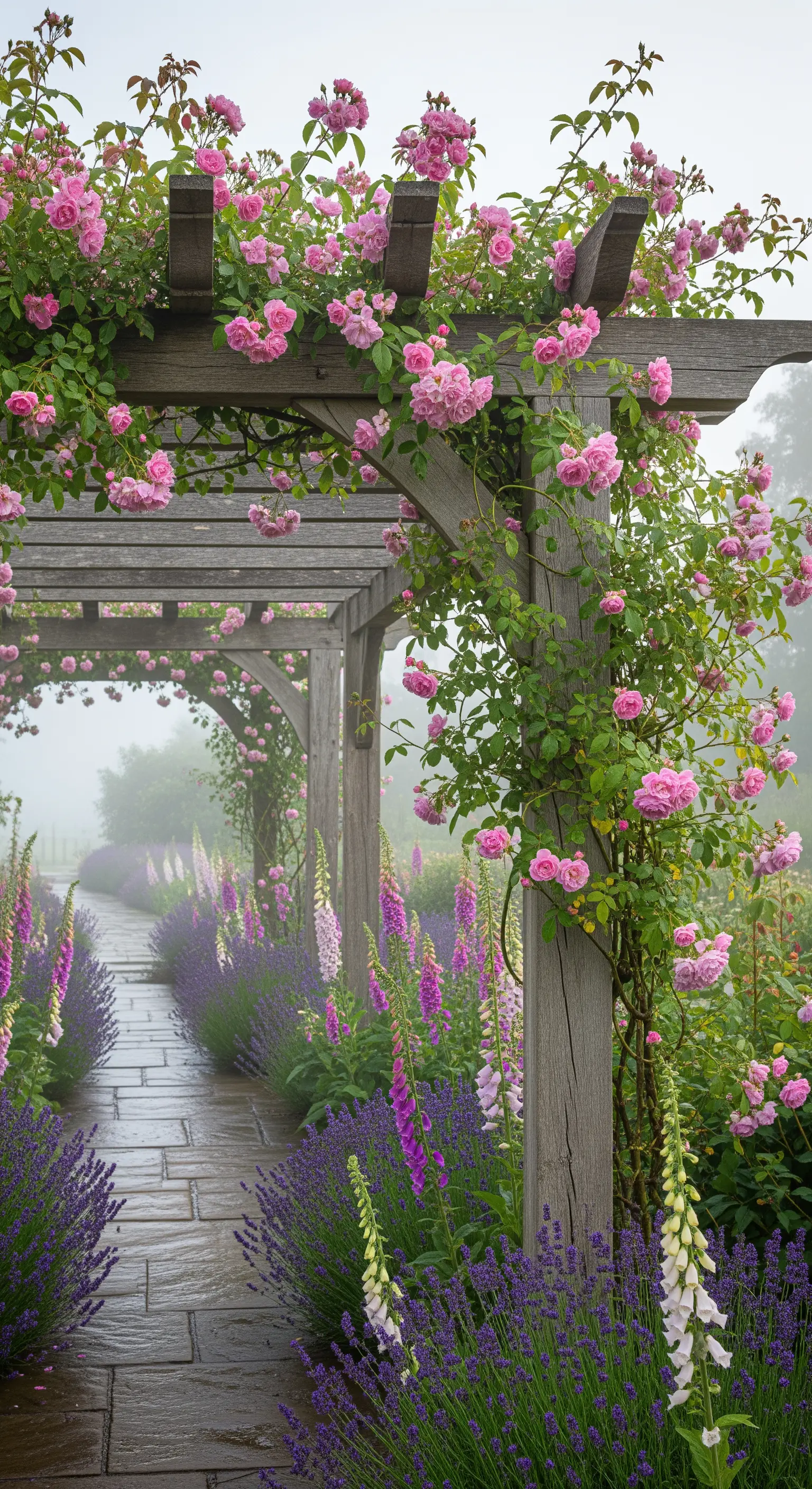 Romantischer Rosenpfad unter einer Holzpergola mit Lavendel und Fingerhut im Morgennebel